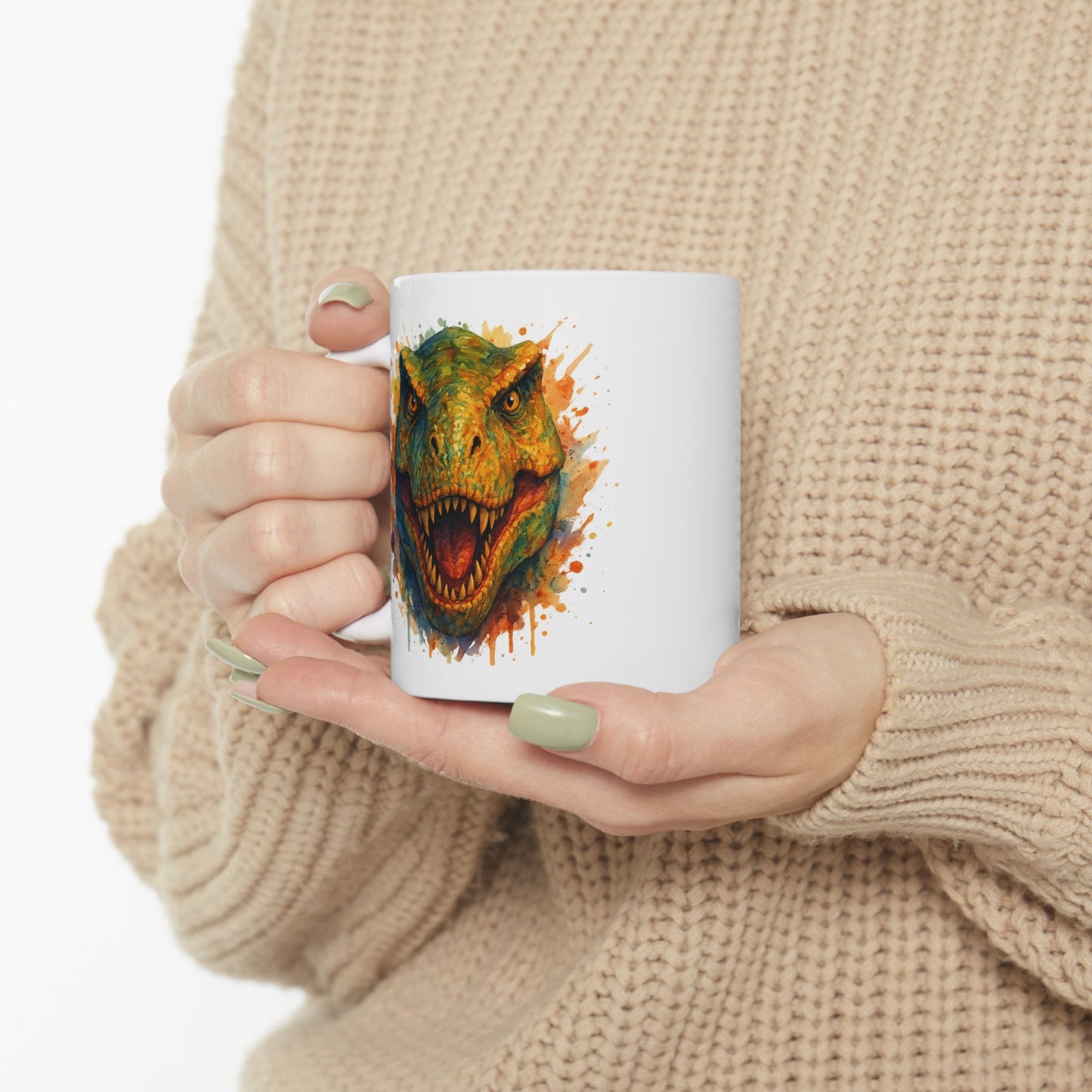 Watercolor T-Rex Mug - Ceramic Dinosaur Coffee Cup, 11oz and 15oz Tea Rex Art, Dinosaur Lover Gift, Paleontology Office Decor