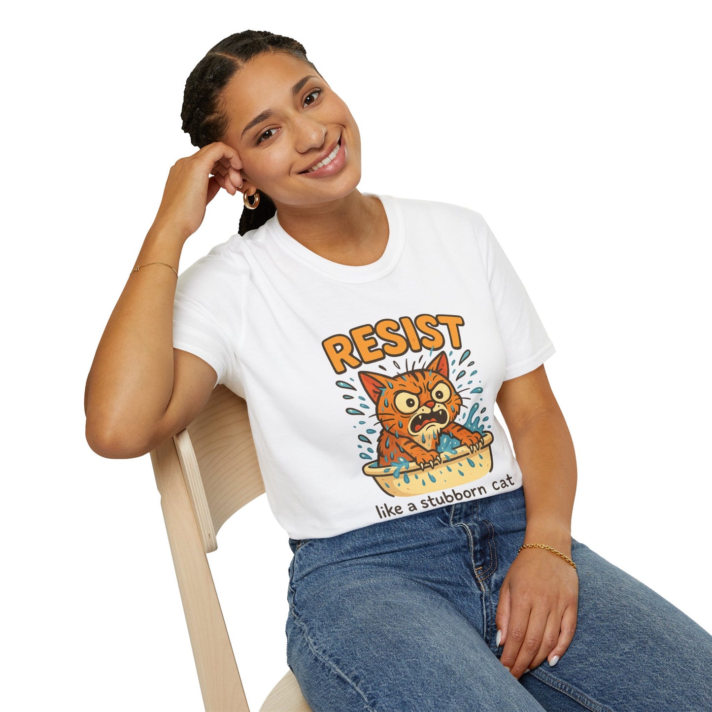 Resist Like A Stubborn Cat At Bathtime Funny Cat Lover Graphic Tee - Quirky Self Care Shirt - Gift For Pet Moms, Dads and Humor Fans
