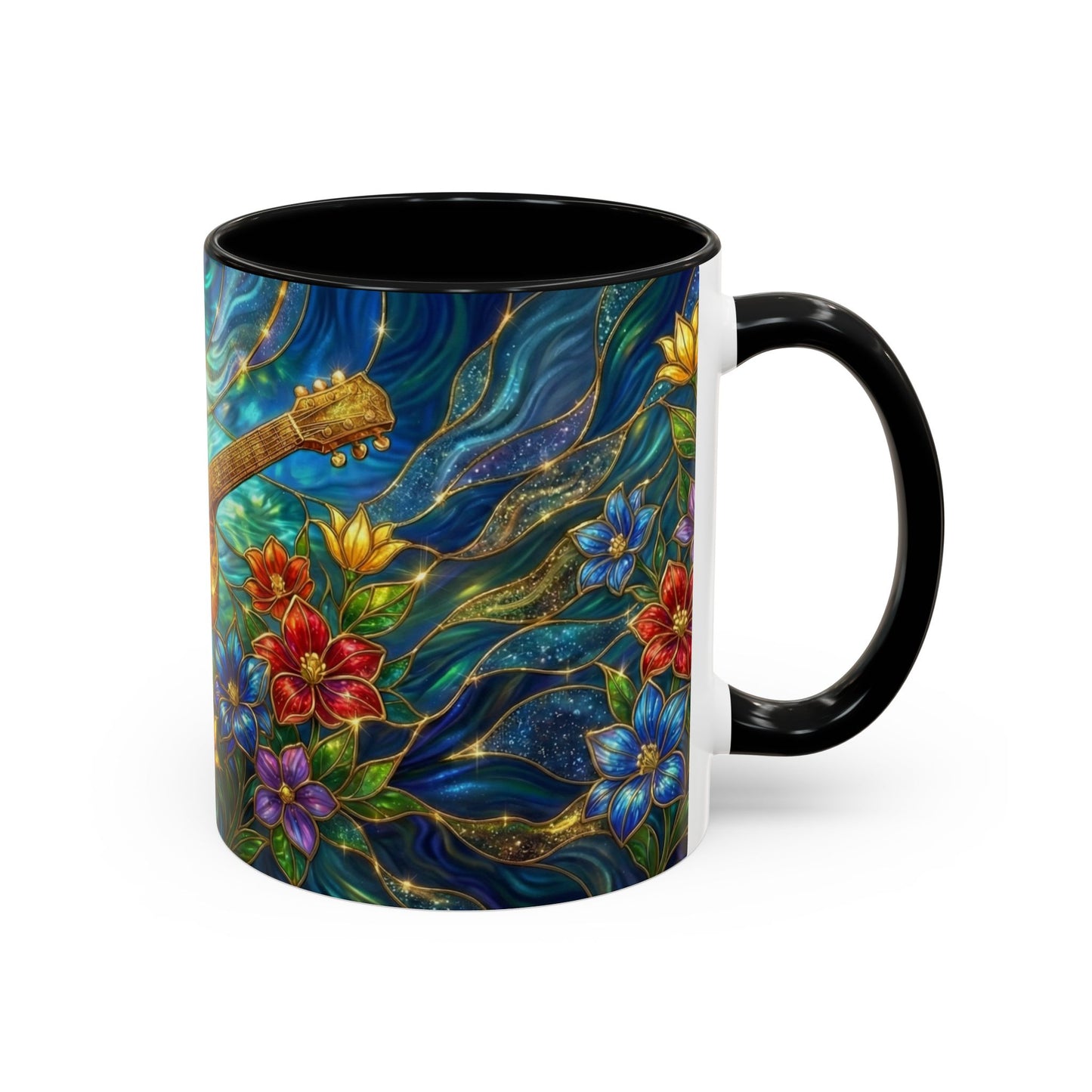 Guitar Coffee Mug, Stained Glass Guitar Art Mug, Music Lover Gift, Floral Acoustic Guitar Mug, Ceramic Coffee Cup, Unique Musician Gift, 11oz