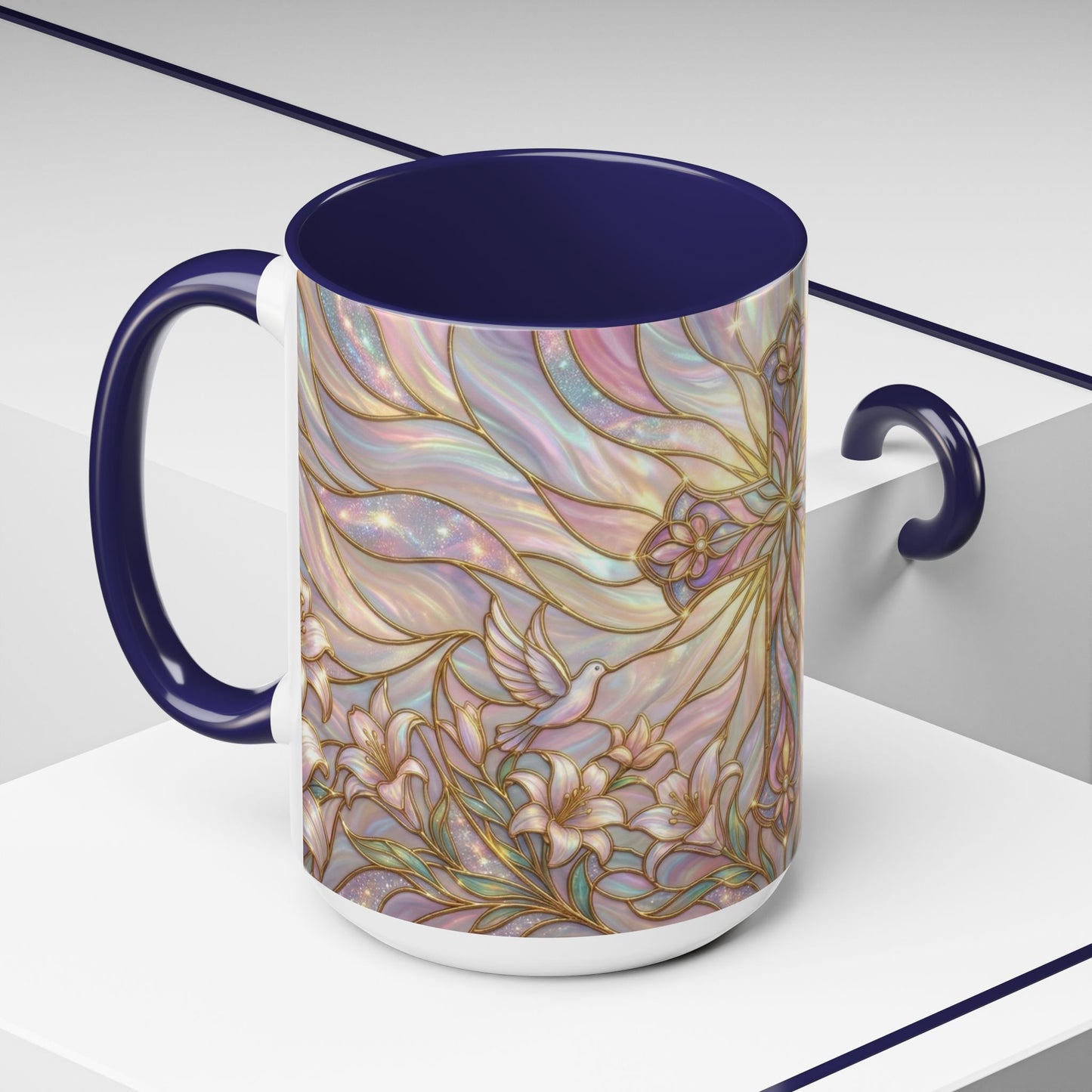 Stained Glass Cross Mug, Easter Lily Coffee Cup, Christian Gift for Women, Pastel Religious Drinkware, Dove and Faith Cup, Spiritual