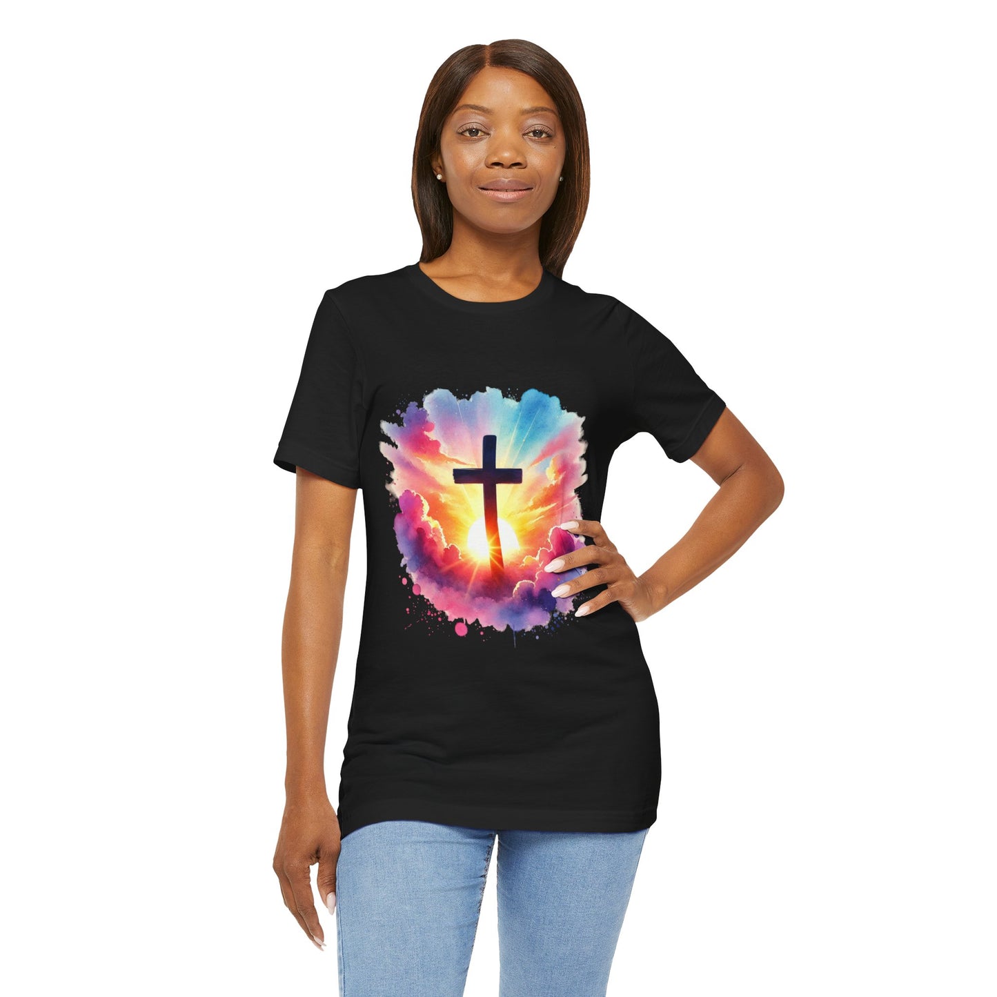Faith Cross Sunburst Christian Tee | Inspirational Christian T-Shirt | Colorful Sunrise Cross Shirt | Faith Gifts for Women Men