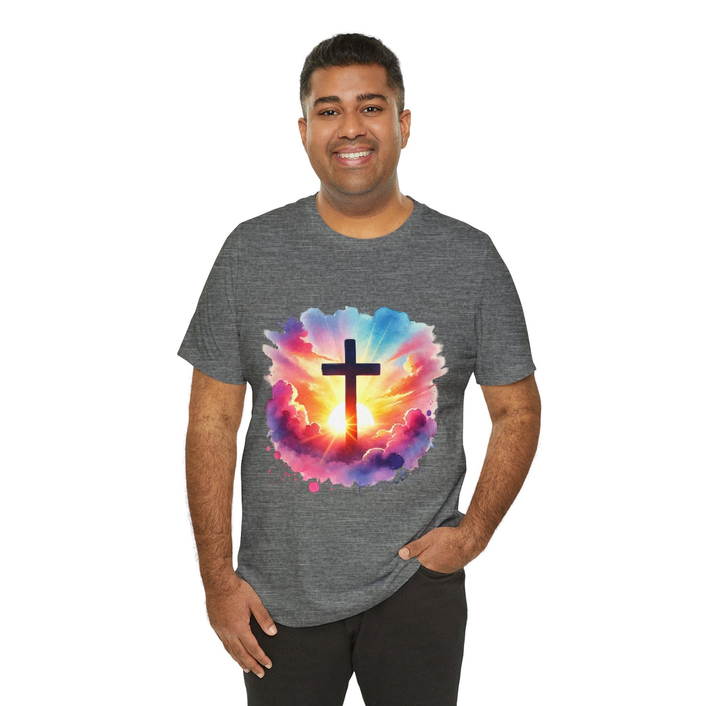 Faith Cross Sunburst Christian Tee | Inspirational Christian T-Shirt | Colorful Sunrise Cross Shirt | Faith Gifts for Women Men