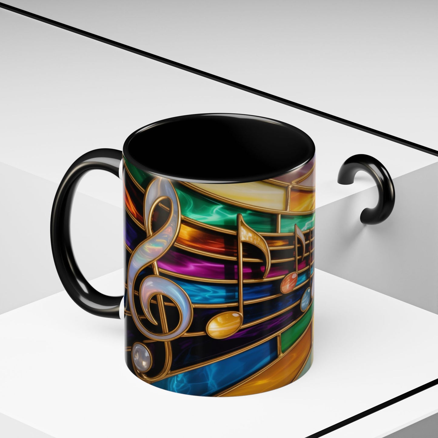 Stained glass music mug, musical notes coffee cup, colorful musician gift mug, music lover present, treble clef art mug, music teacher gift