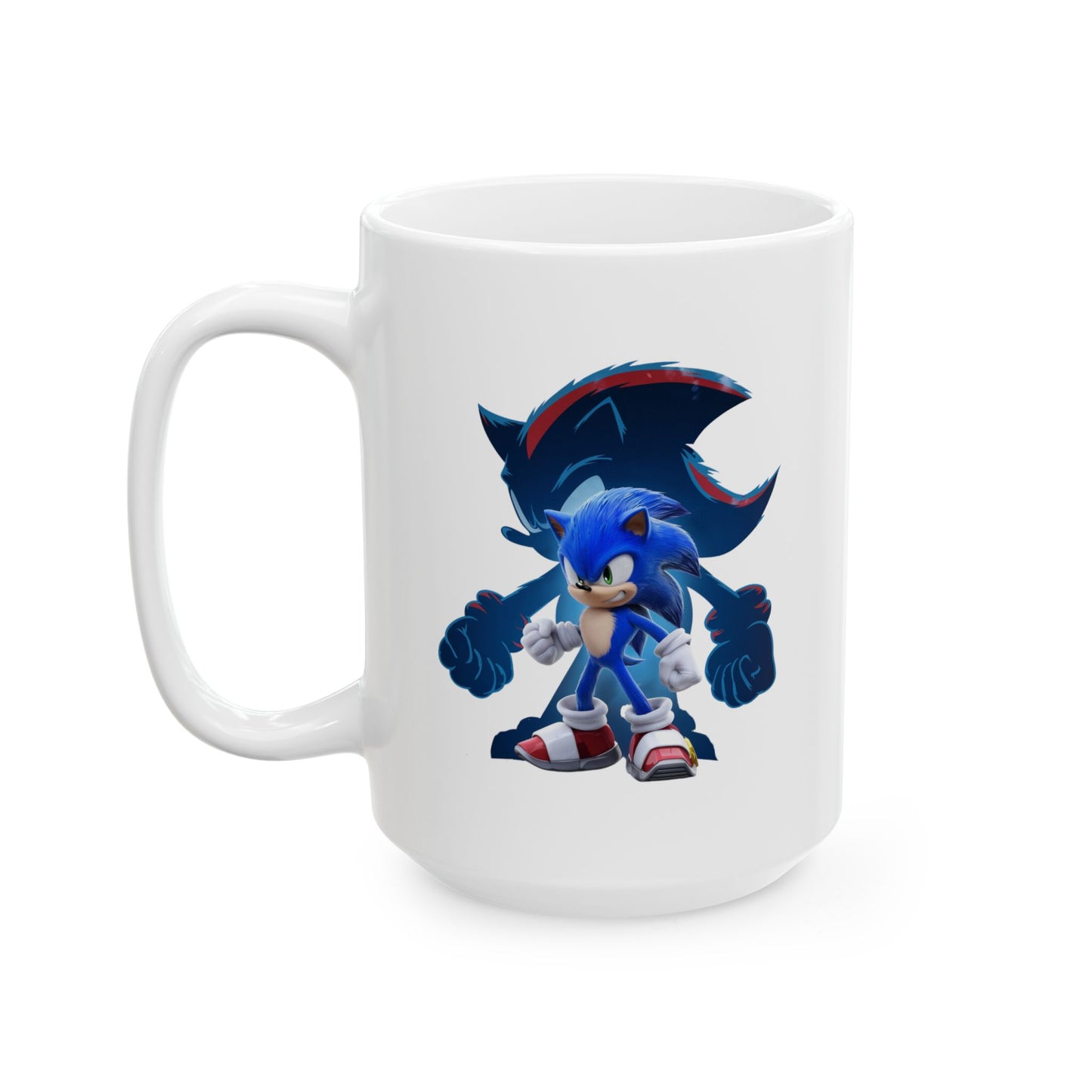 Blue Speed Hero Mug – Epic Gaming Hedgehog Coffee Cup with Dark Rival Silhouette – Video Game Inspired Gift for Fans & Collectors