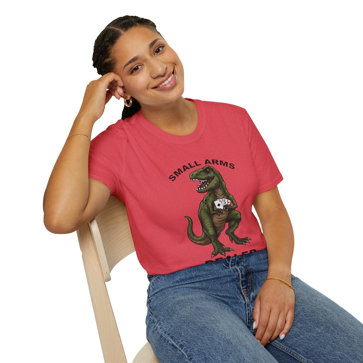 Funny Small Arms Dealer T-Rex Shirt, Dinosaur Pun Tee, Hilarious Graphic T-Shirt for Men & Women, Great Gift for Dad, Friend, or Coworker