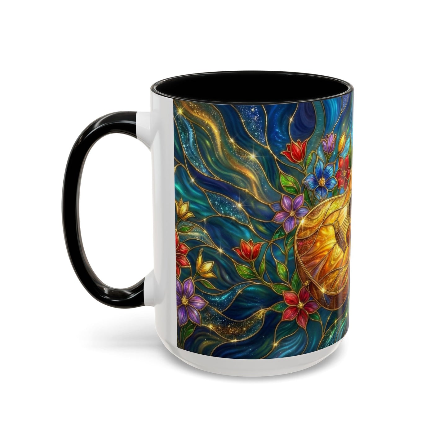 Guitar Coffee Mug, Stained Glass Guitar Art Mug, Music Lover Gift, Floral Acoustic Guitar Mug, Ceramic Coffee Cup, Unique Musician Gift, 11oz
