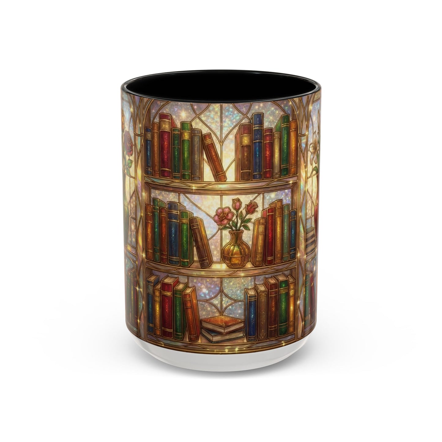 Stained Glass Books Mug, Book Lover Coffee Mug, Cozy Library Mug, Bookish Gift For Readers, Dark Academia Mug, Floral Bookshelf Cup
