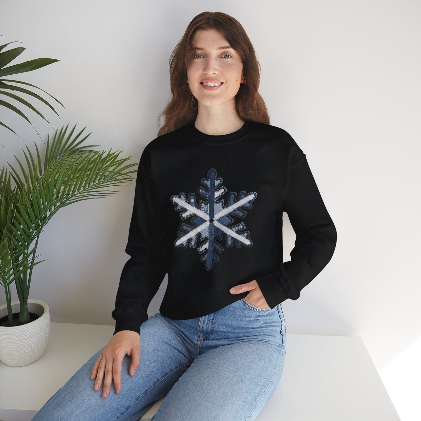 Faux Patchwork Snowflake Sweatshirt, Winter Snowflake Crewneck, Cozy Christmas Sweatshirt, Holiday Patchwork Sweater, Winter Gift