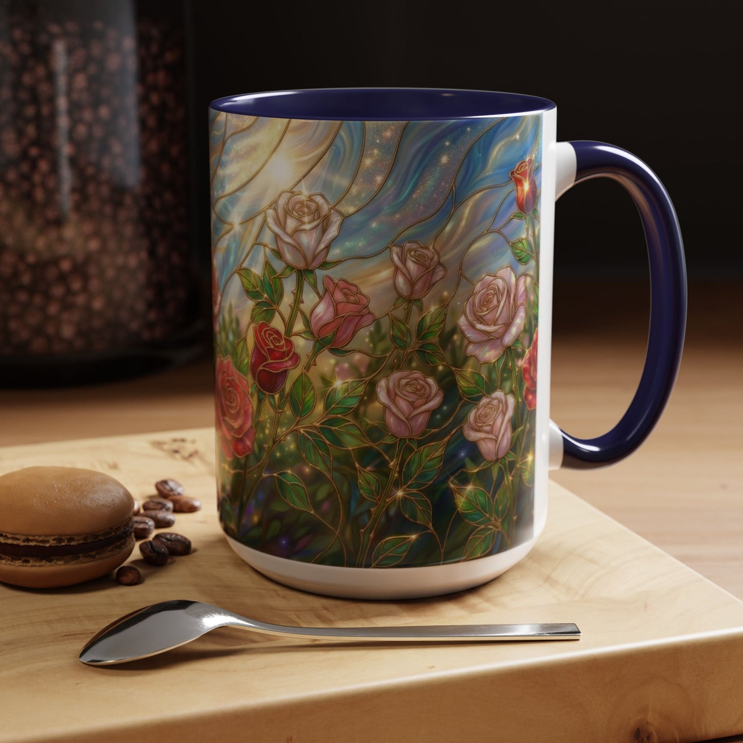 Stained Glass Rose Garden Mug, Floral Rose Coffee Cup, Elegant Flower Mug, Blue Green Gold Glass Style Design, Romantic Gift For Her