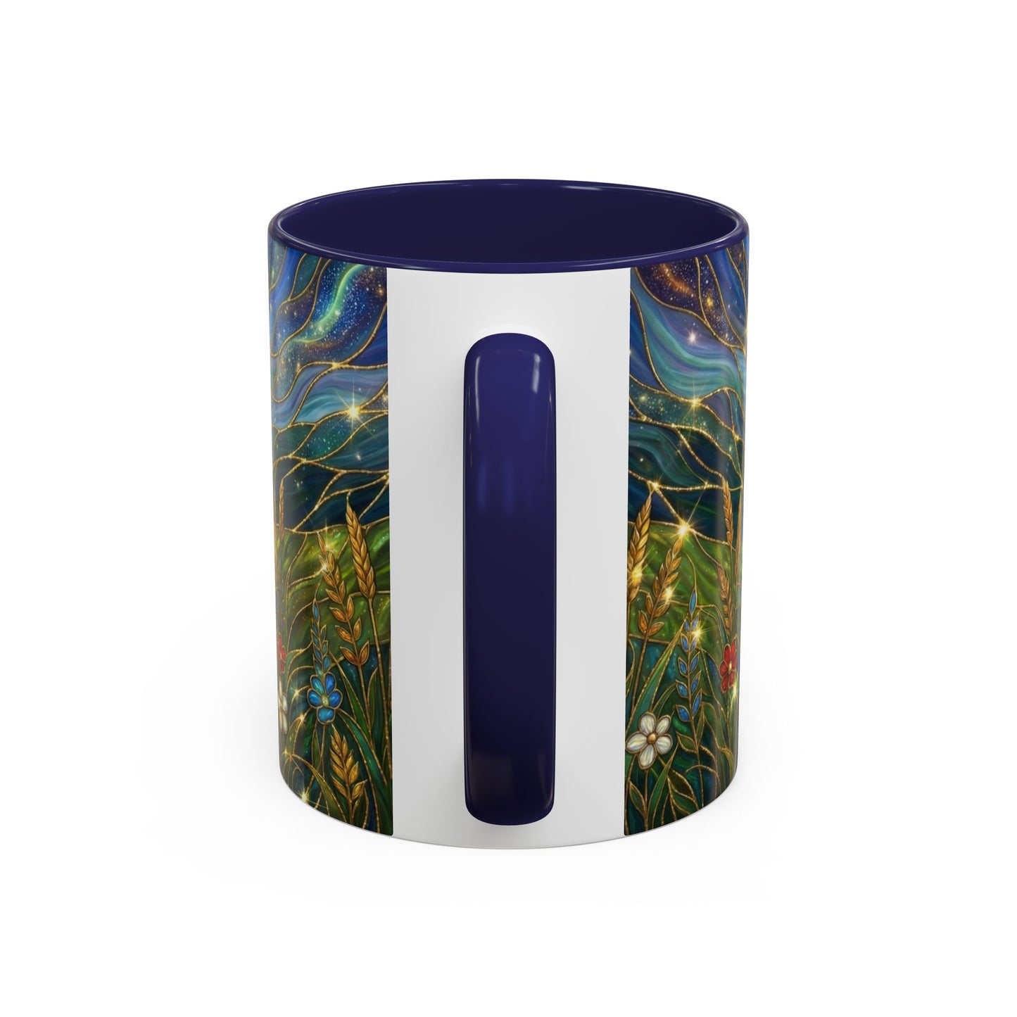 Stained Glass Deer Mug, Woodland Art Coffee Cup, Nature Forest Mug, Blue Green Gold Glass Style Mug, Gift For Nature Lovers Decor