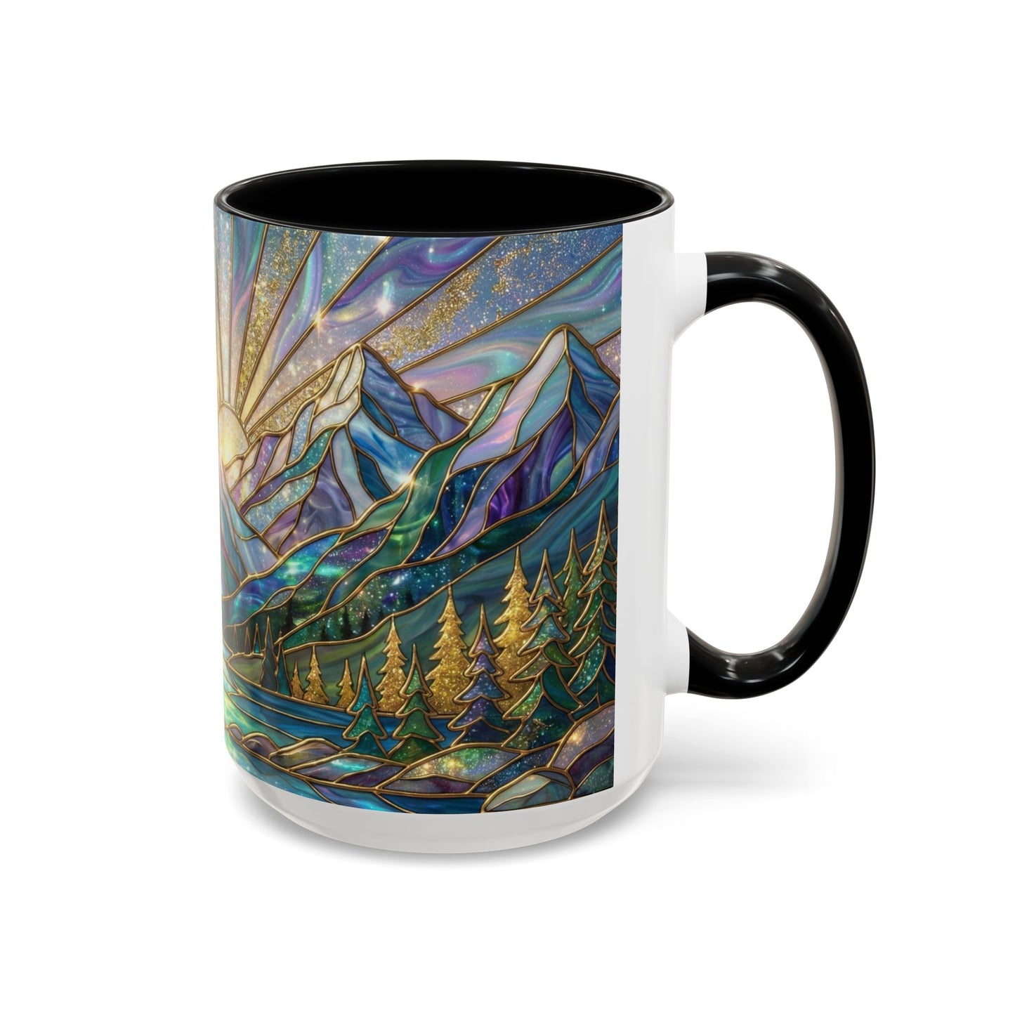 Stained Glass Mountain Mug, Mountain Landscape Coffee Cup, Galaxy Sky Nature Ceramic Mug, Sunrise River Forest Art, 11oz 15oz Gift