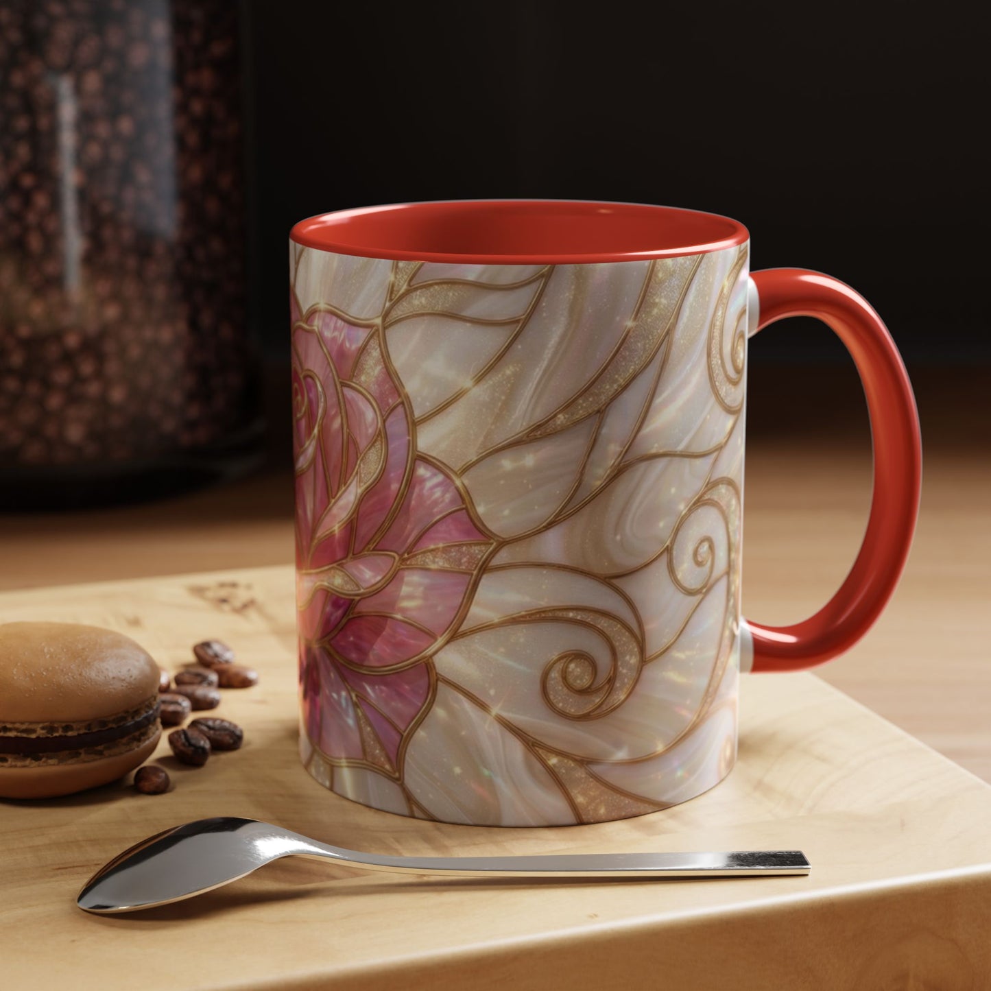 Pink Rose Stained Glass Mug, Gold Floral Coffee Cup, Romantic Flower Tea Cup, Gardener Gift For Mom, Botanical Art, Wife Birthday Gift