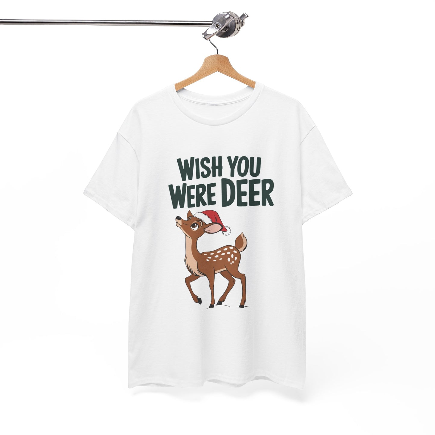 Wish You Were Deer Funny Christmas T-Shirt, Cute Reindeer Holiday Tee, Pun Christmas Shirt, Festive Santa Hat Deer Graphic Tee Gift