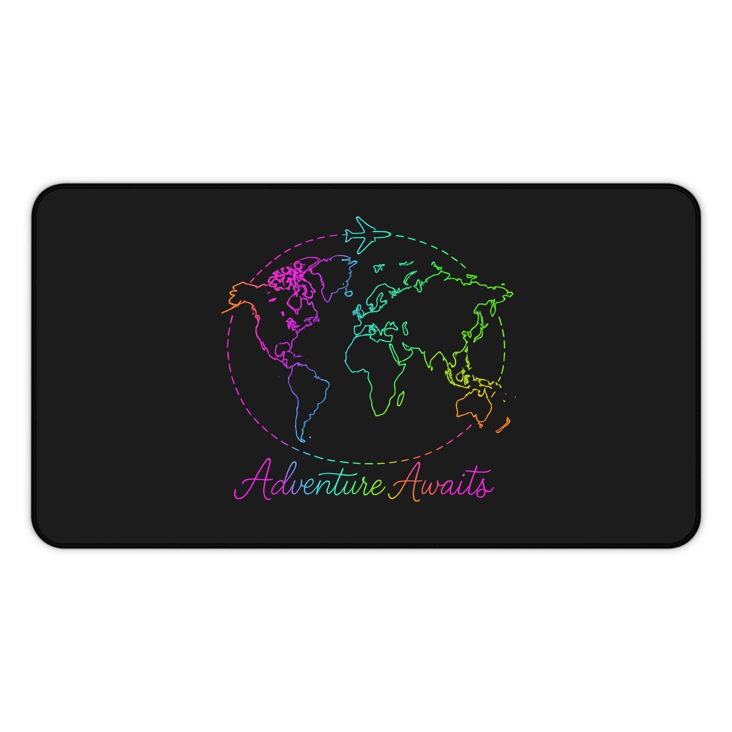 Adventure Awaits Neon Desk Mat - Y2K Rainbow World Map and Airplane XL Mouse Pad for Travel Aesthetic Office, Gaming & Study Desk