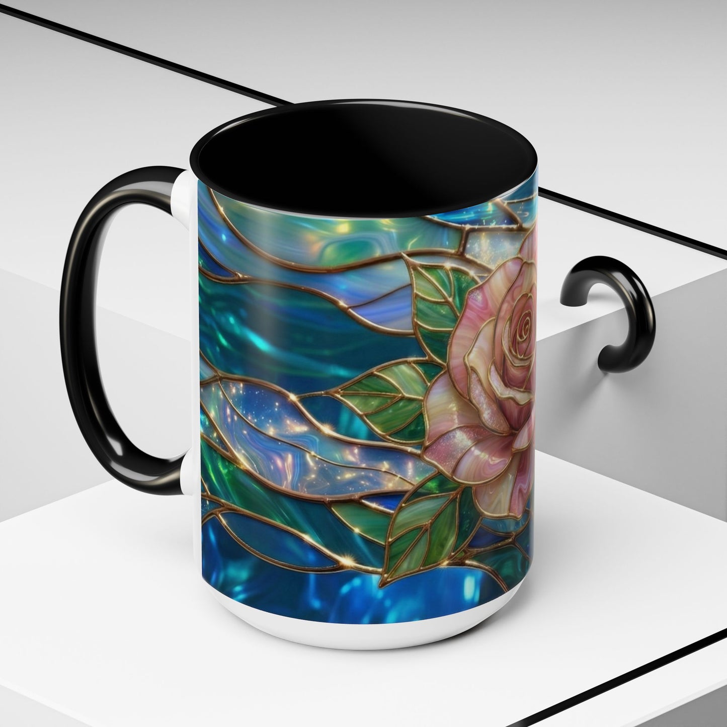 Stained Glass Rose Mug, Pink Flower Coffee Cup, Fantasy Floral Tea Cup, Magical Garden Gift, Galaxy Rose Art, Botanical Lover Present