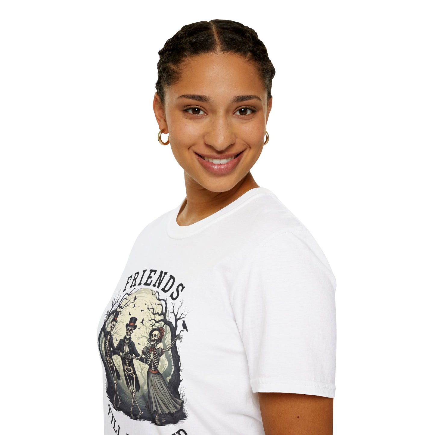 Friends Till The End Skeleton Tee | Dancing Skeleton Friends Shirt | Halloween Gothic BFF Gift | Unisex Heather Grey Graphic T-Shirt