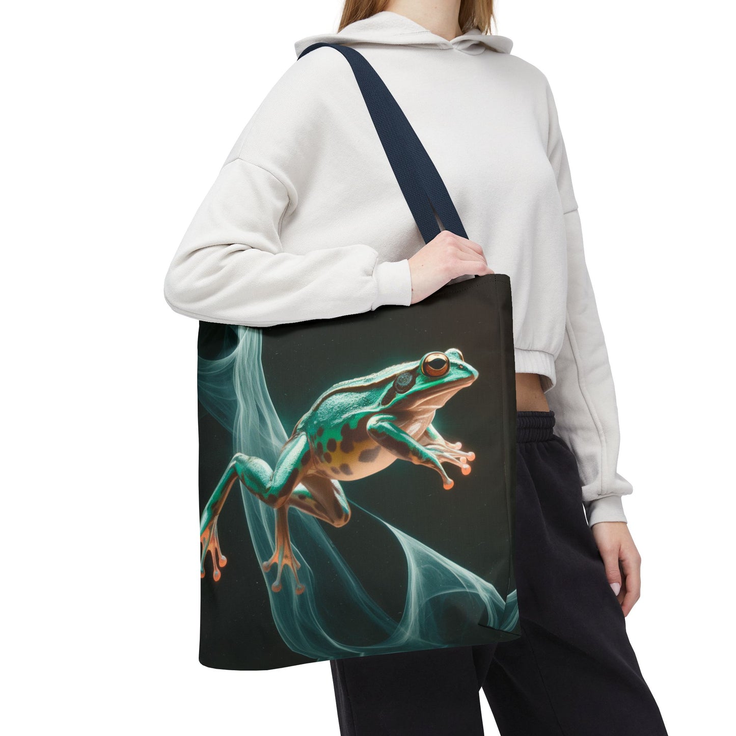 Frog in Motion Tote Bag, Nature-Inspired Green Frog Design Eco-Friendly Shoulder Bag, Artistic Reusable Tote For Everyday Use And Gifts