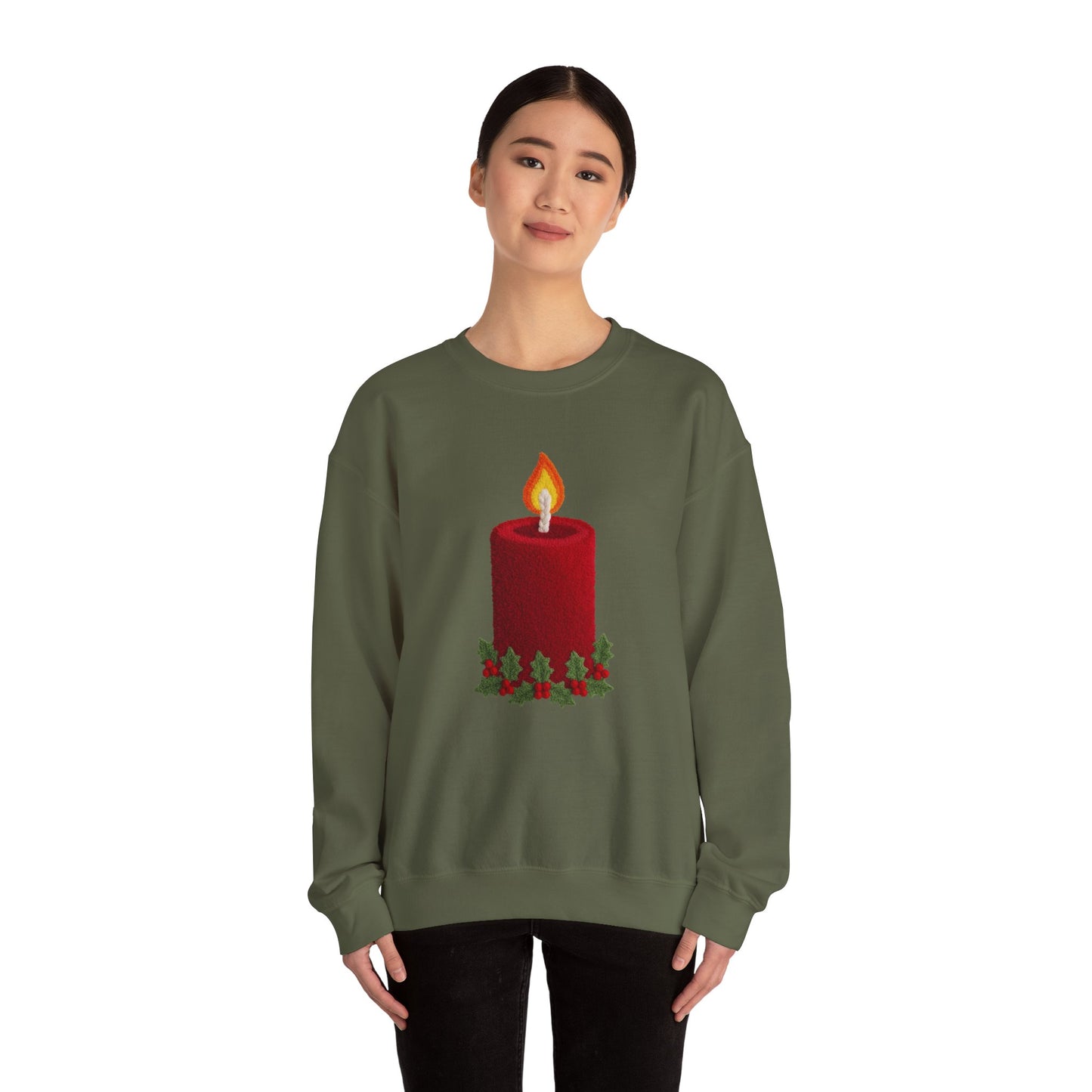 Faux Patchwork Crochet Candle Sweatshirt, Christmas Candle Sweater, Holiday Cozy Winter Crewneck, Cute Xmas Candle Sweatshirt, Unisex Holiday Top