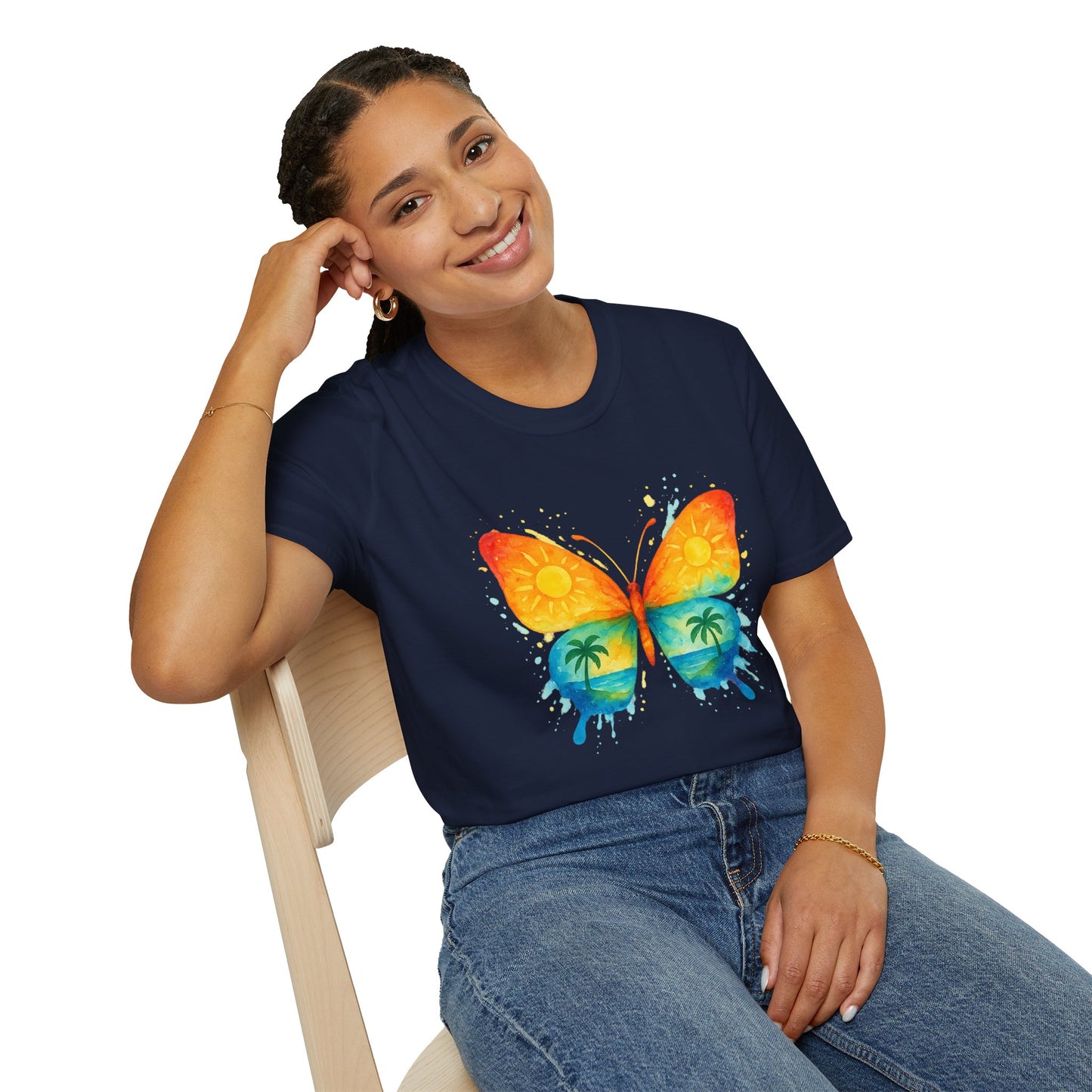 Butterfly Sunset Beach Tee - Ocean & Palm Watercolor Butterfly T-Shirt, Coastal Boho Graphic, Nature Lover Gift, Unisex Casual Tee