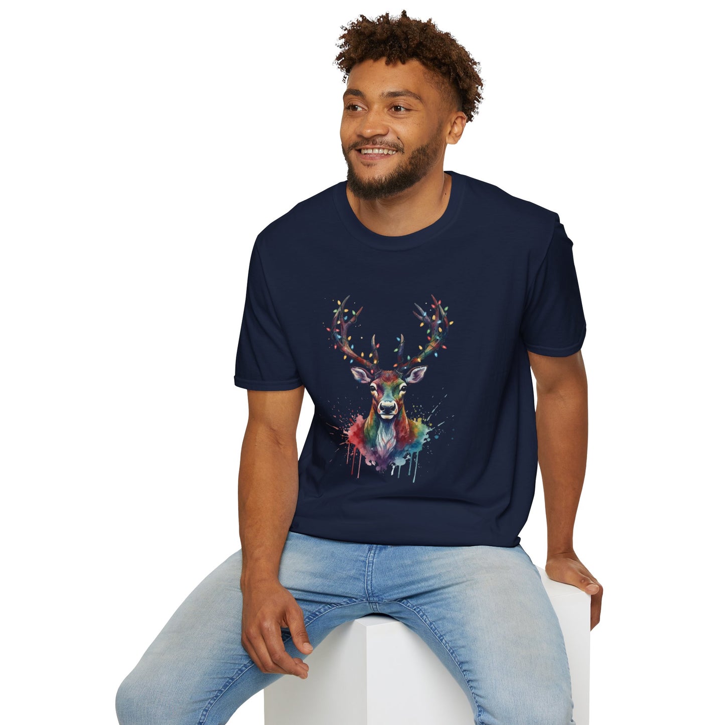 Christmas Deer Shirt, Watercolor Buck T-Shirt, Deer With Christmas Lights Tee, Holiday Wildlife Art Shirt, Colorful Deer Head Xmas Tee
