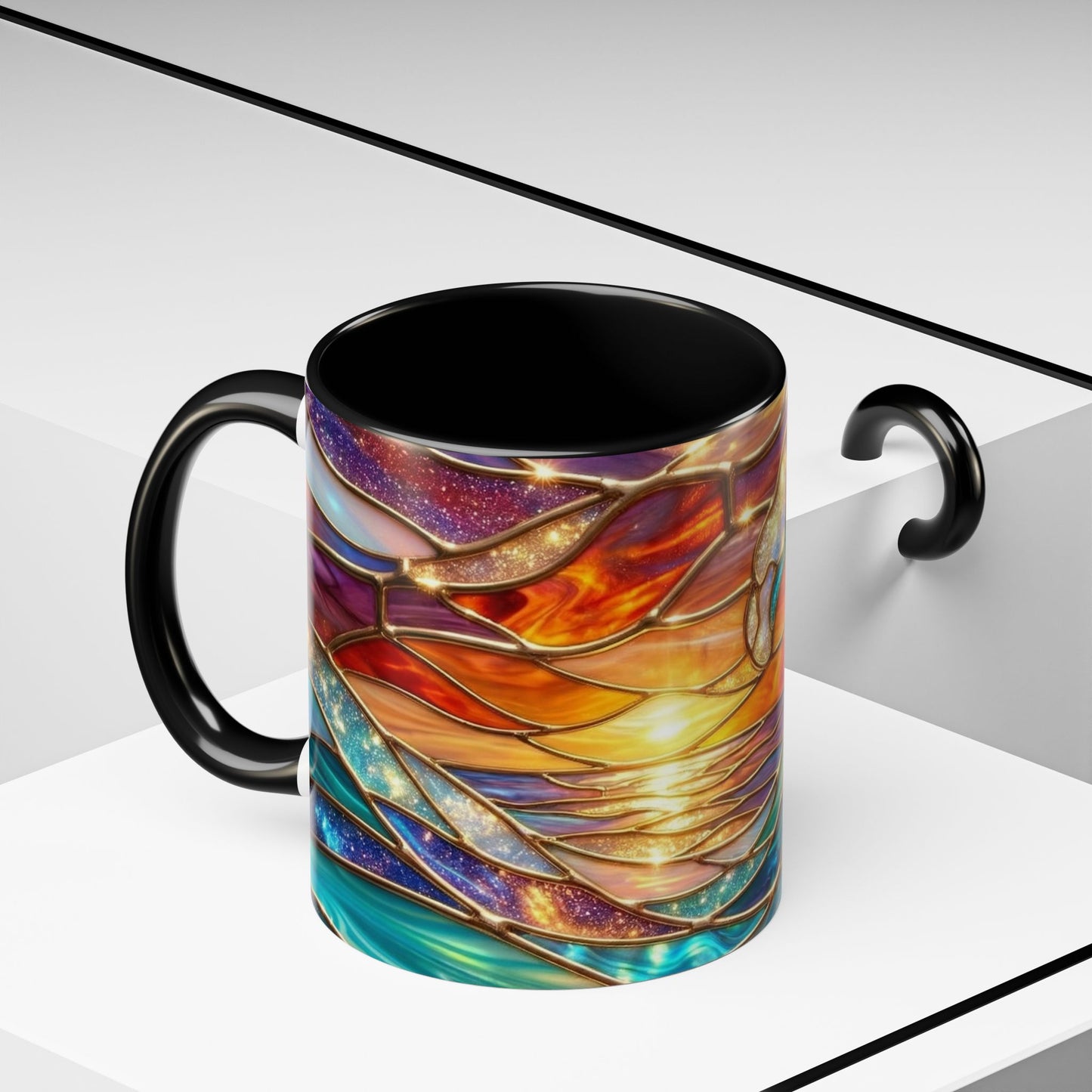 Stained Glass Wave Mug, Cosmic Ocean Coffee Cup, Celestial Sunrise Tea Mug, Surfer Beach Decor Gift, Starry Sea Art, Ocean Lover Cup