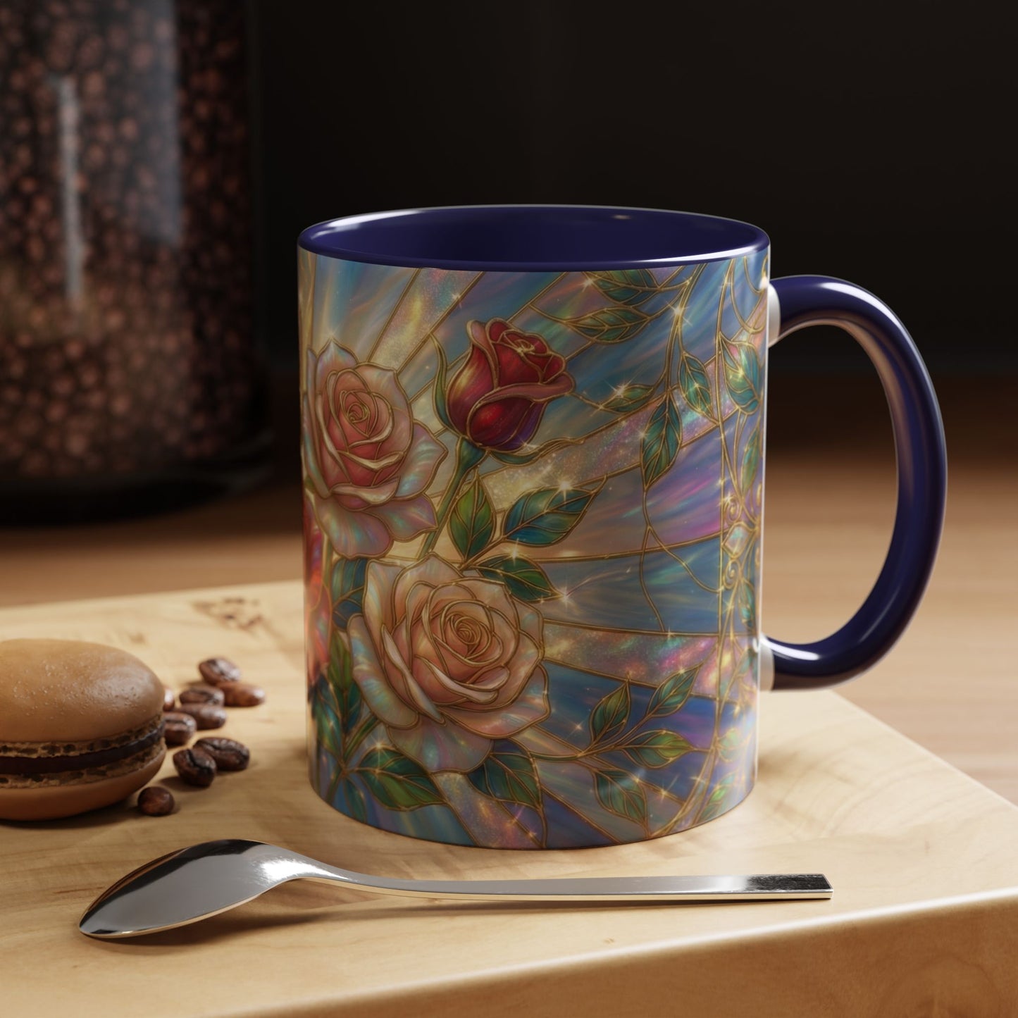 Stained Glass Rose Mug, Floral Art Coffee Cup, Elegant Rose Flower Mug, Blue Gold Glass Style Design, Romantic Gift For Her Decor
