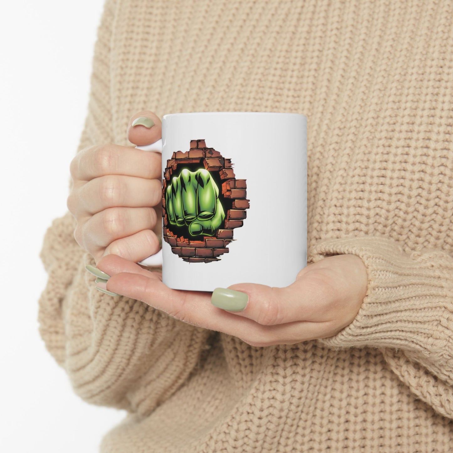 Smash Fist Mug – Green Fist Punching Through Wall Coffee Cup, Superhero Inspired Design, Dishwasher Safe, Funny Gift for Fans & Coffee Lovers