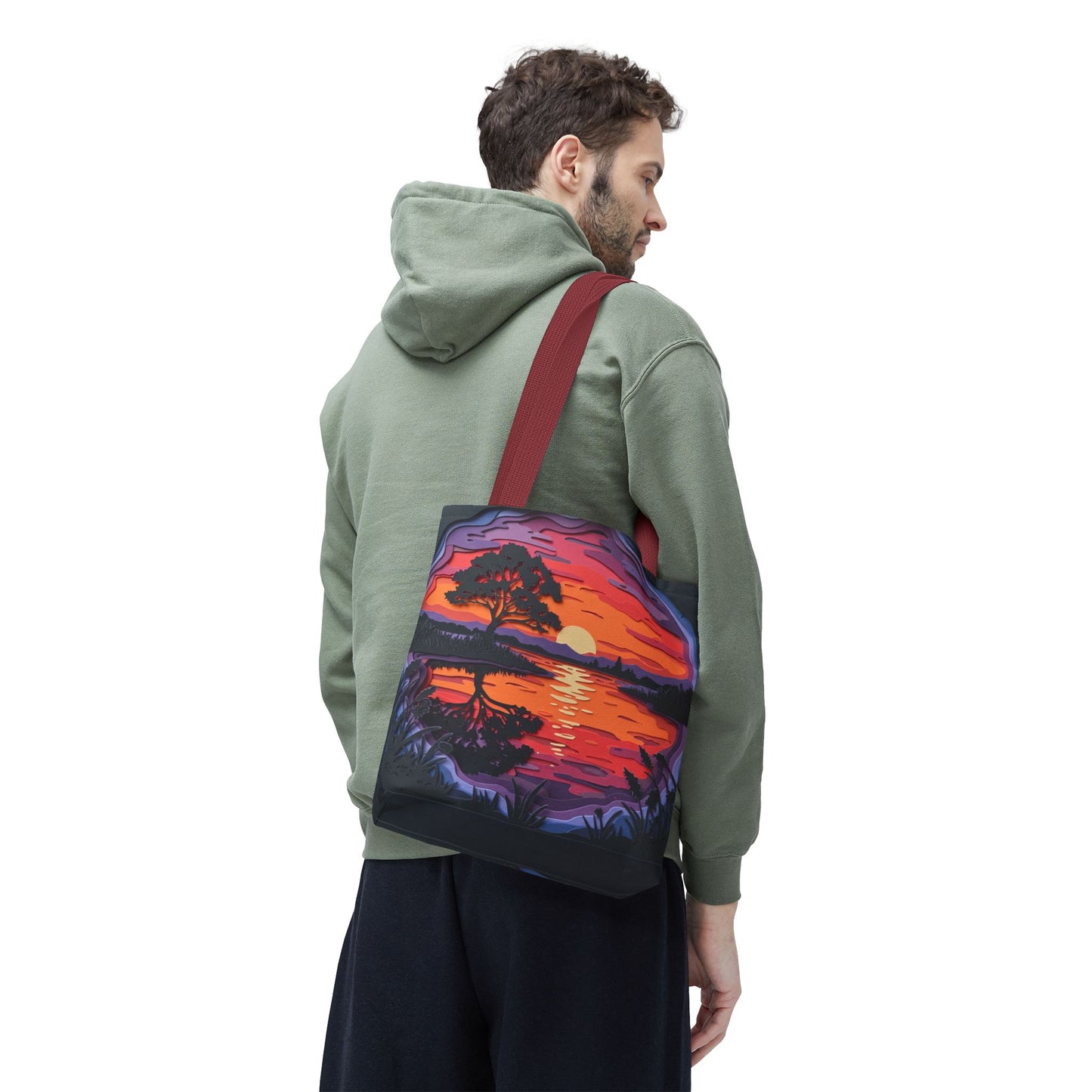 Sunset Landscape Canvas Tote Bag – Paper‑Art Inspired Nature Scene Tote – Colorful Sunset Market Tote, Eco Reusable Beach Bag, Vibrant Gift for Her
