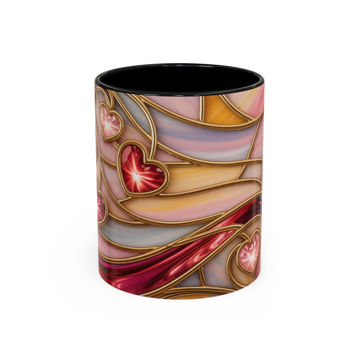 Stained Glass Heart Mug, Romantic Love Coffee Cup, Pink Red Gold Glass Style Mug, Valentine Gift For Her, Anniversary Wedding Decor