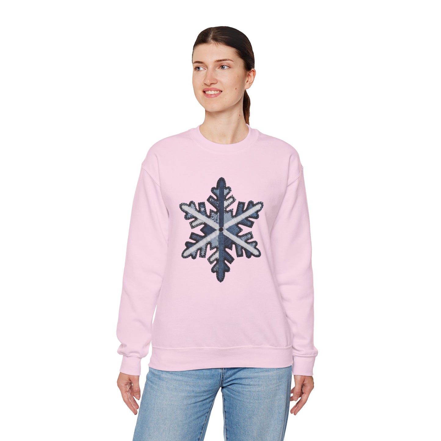Faux Patchwork Snowflake Sweatshirt, Winter Snowflake Crewneck, Cozy Christmas Sweatshirt, Holiday Patchwork Sweater, Winter Gift