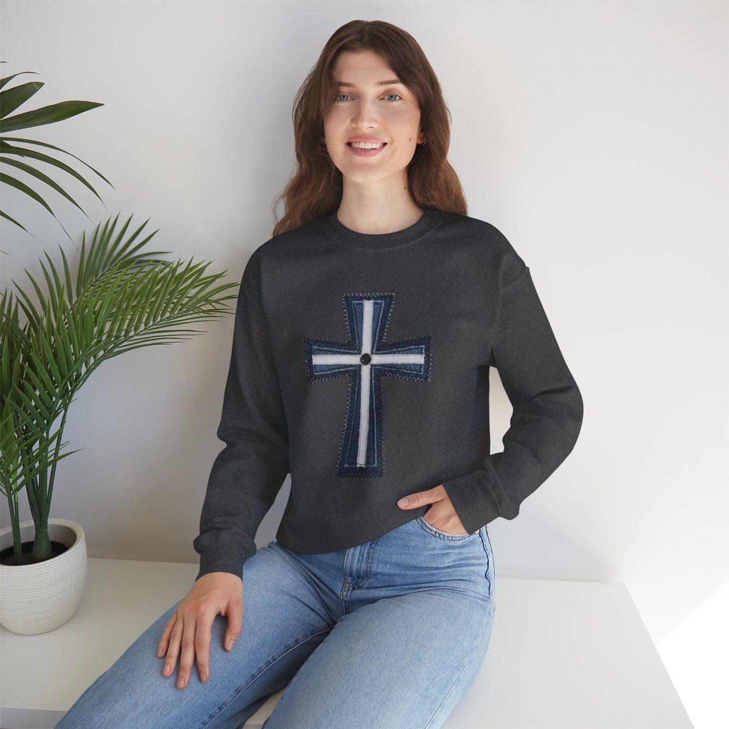 Faux Patchwork Cross Sweatshirt, Christian Patchwork Style Crewneck, Faith Gift for Women Men, Rustic Cross Sweatshirt, Religious Xmas Gift