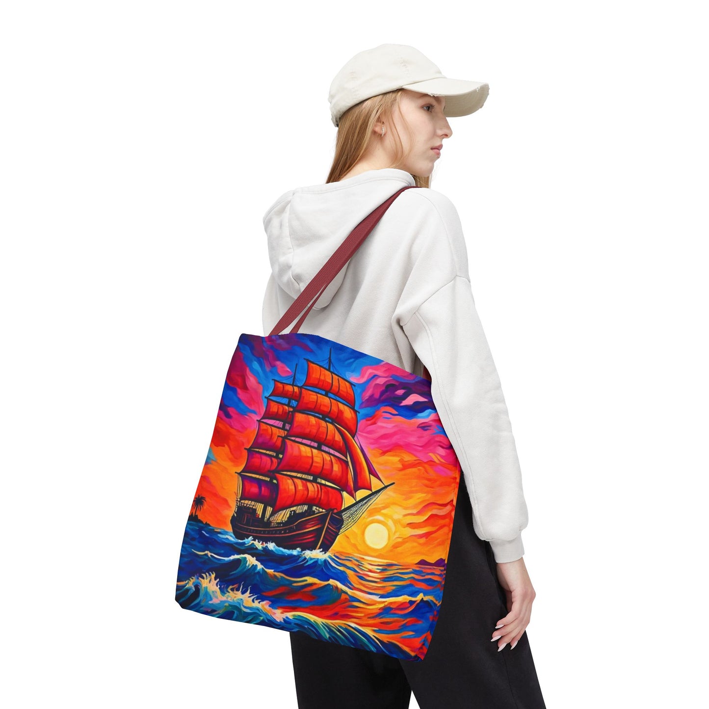 Crimson Voyage Tote Bag, Red Sailboat At Sunset Artistic Ocean Design, Nautical Reusable Tote For Beach, Travel, And Everyday Use