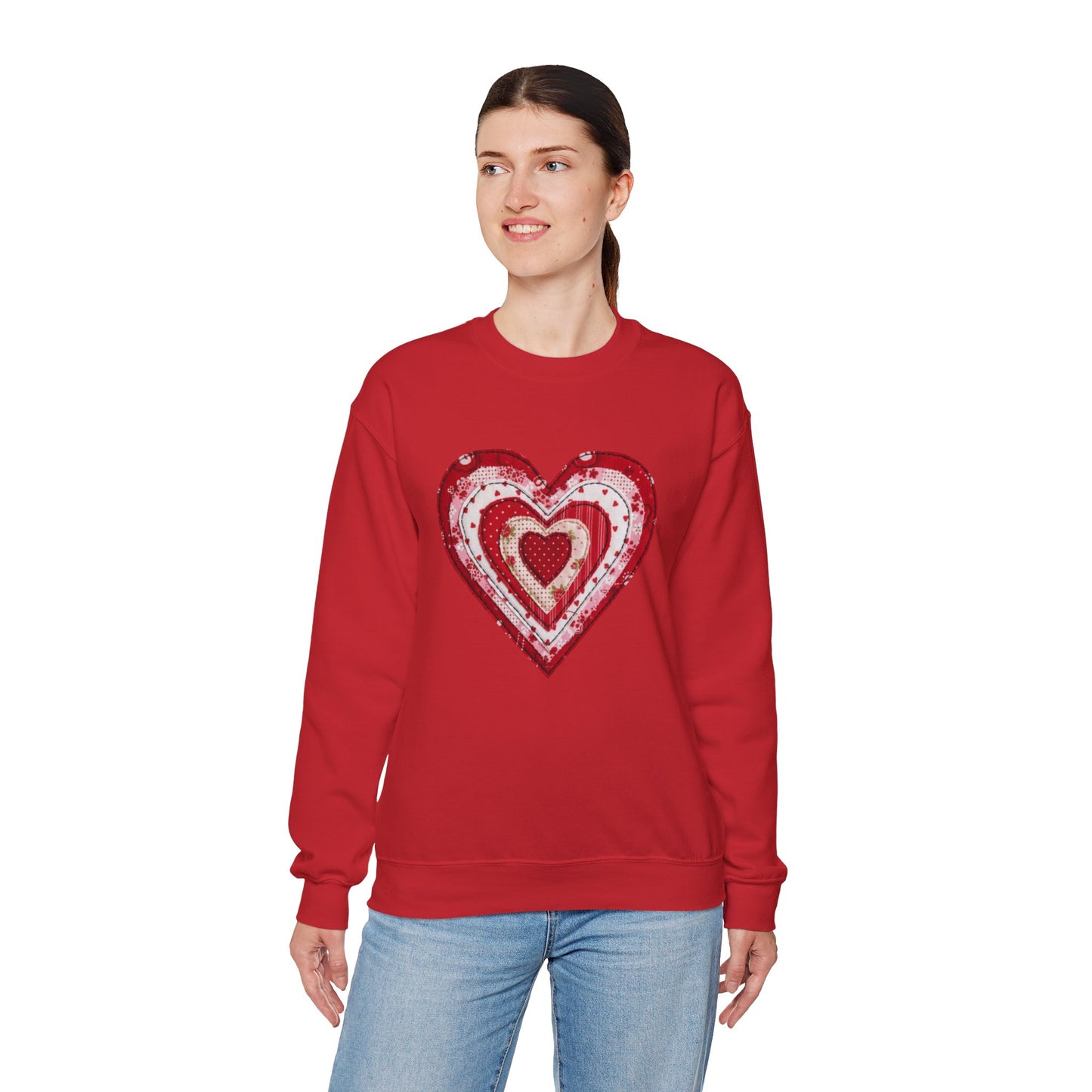 Faux Patchwork Heart Sweatshirt, Valentine Heart Shirt, Cute Valentine Gift, Retro Patchwork Crewneck, Cozy Love Sweater, Boho Heart Top