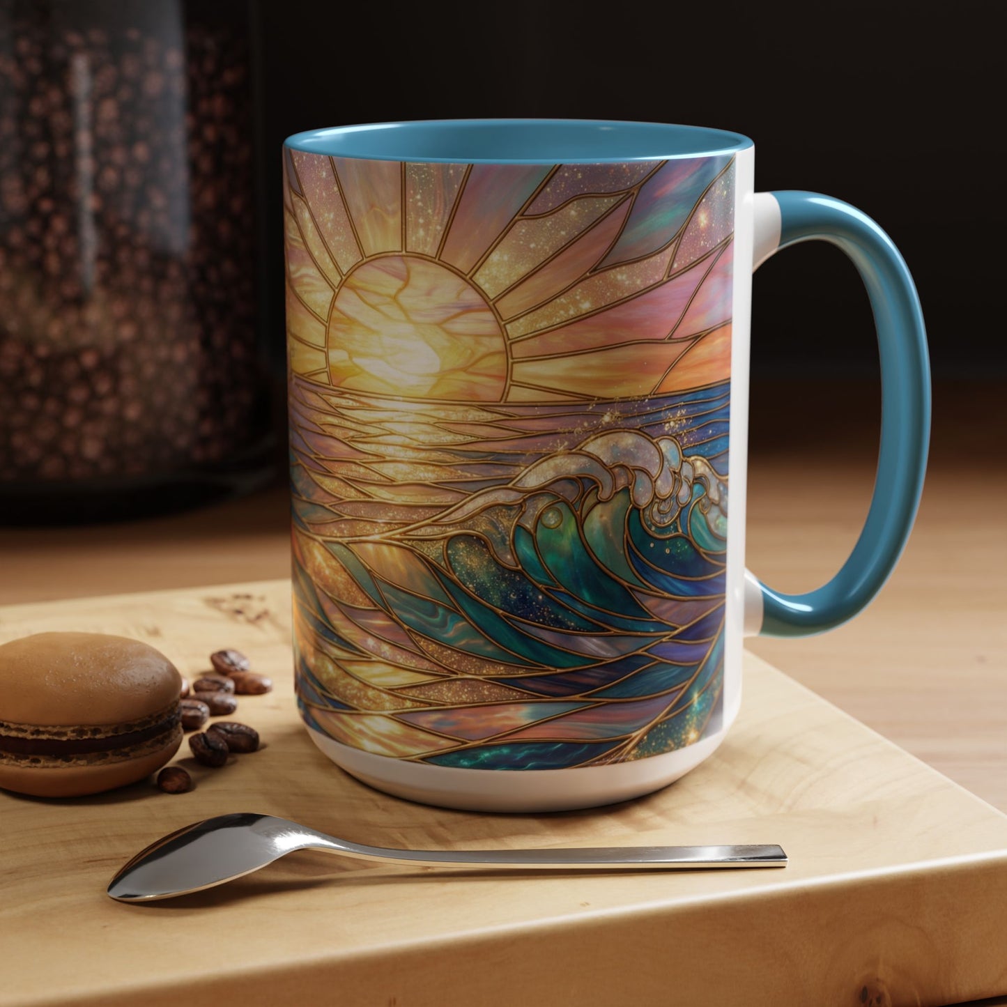 Stained Glass Ocean Wave Mug, Sunrise Beach Coffee Cup, Japanese Art Gift, Coastal Decor Kitchen, Mosaic Sea Tea Cup, Blue Gold Nature Lover