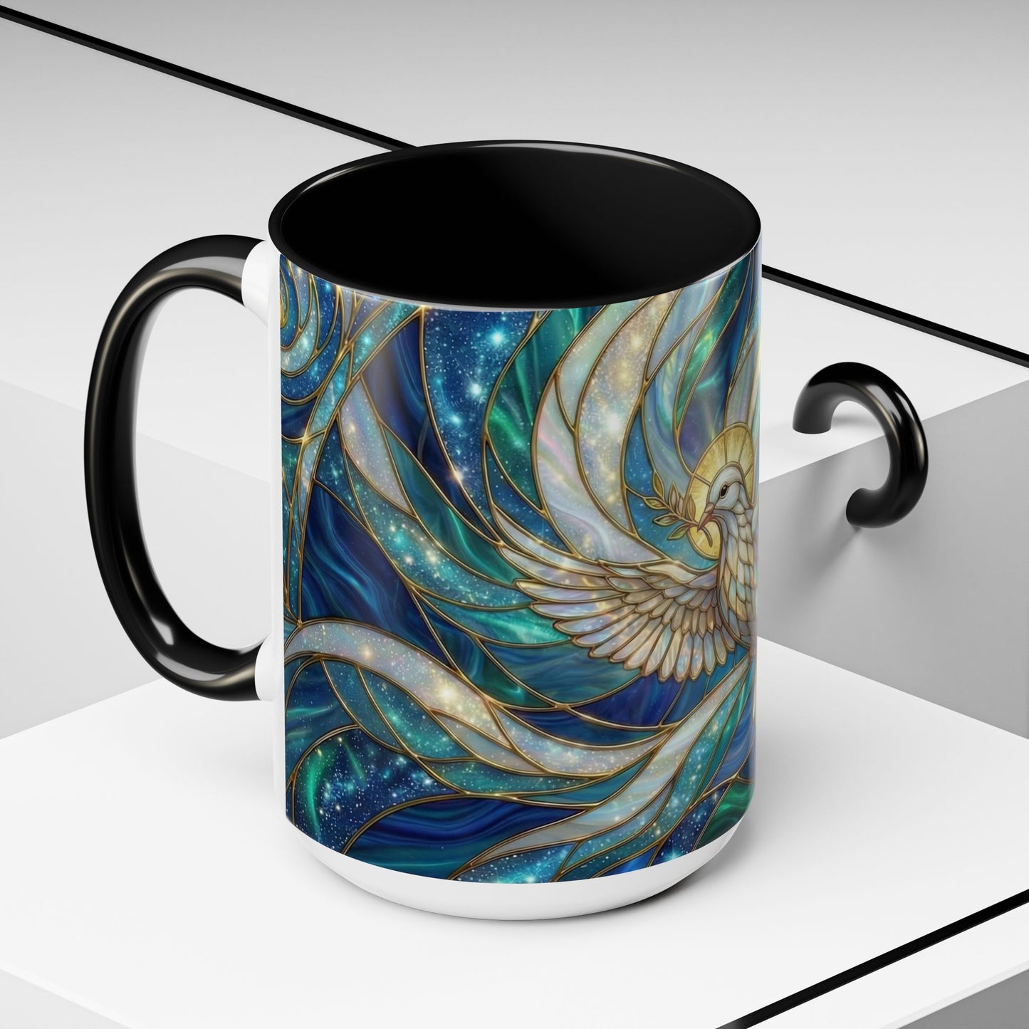 Stained Glass Dove Mug, Christian Coffee Cup, Religious Gift, Faith Art Mug, Holy Spirit Dove, Inspirational Christian Mug