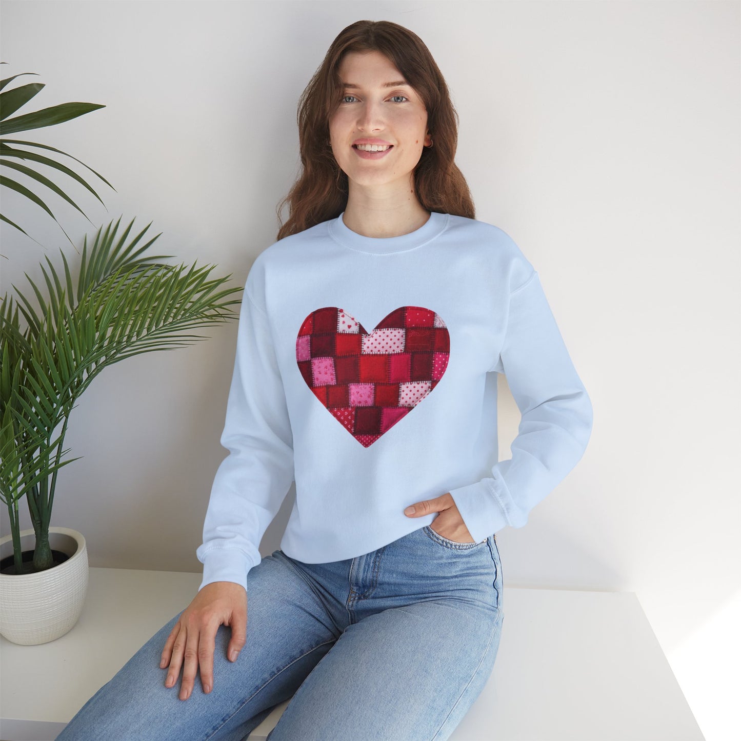 Faux Patchwork Heart Sweatshirt, Quilted Look Heart Pullover, Cozy Valentine Crewneck, Handmade Style Sweatshirt, Love Heart Shirt, Valentine Gift
