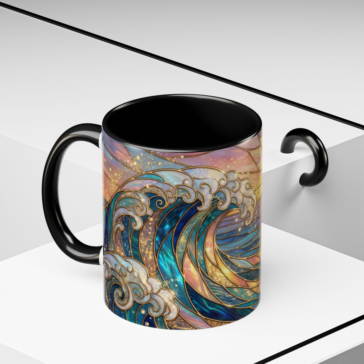 Stained Glass Ocean Wave Mug, Sunrise Beach Coffee Cup, Japanese Art Gift, Coastal Decor Kitchen, Mosaic Sea Tea Cup, Blue Gold Nature Lover