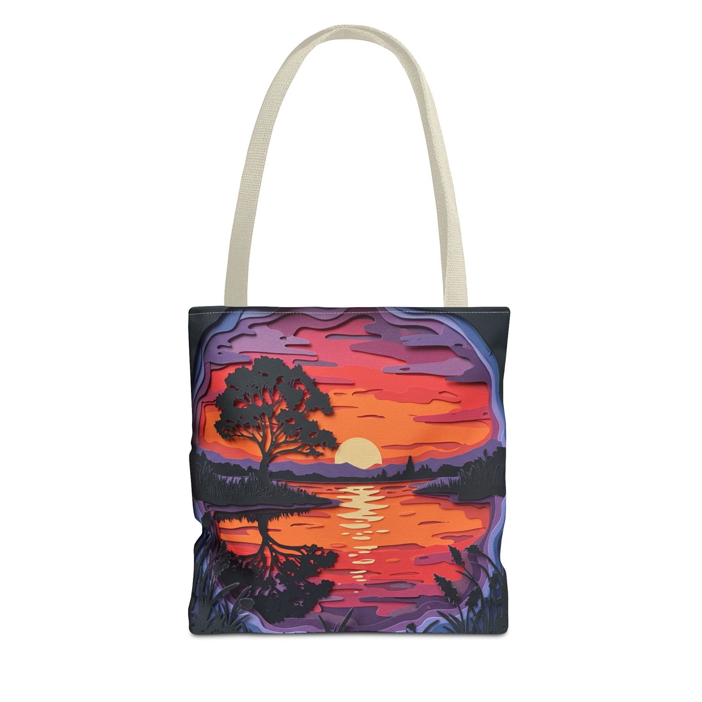 Sunset Landscape Canvas Tote Bag – Paper‑Art Inspired Nature Scene Tote – Colorful Sunset Market Tote, Eco Reusable Beach Bag, Vibrant Gift for Her