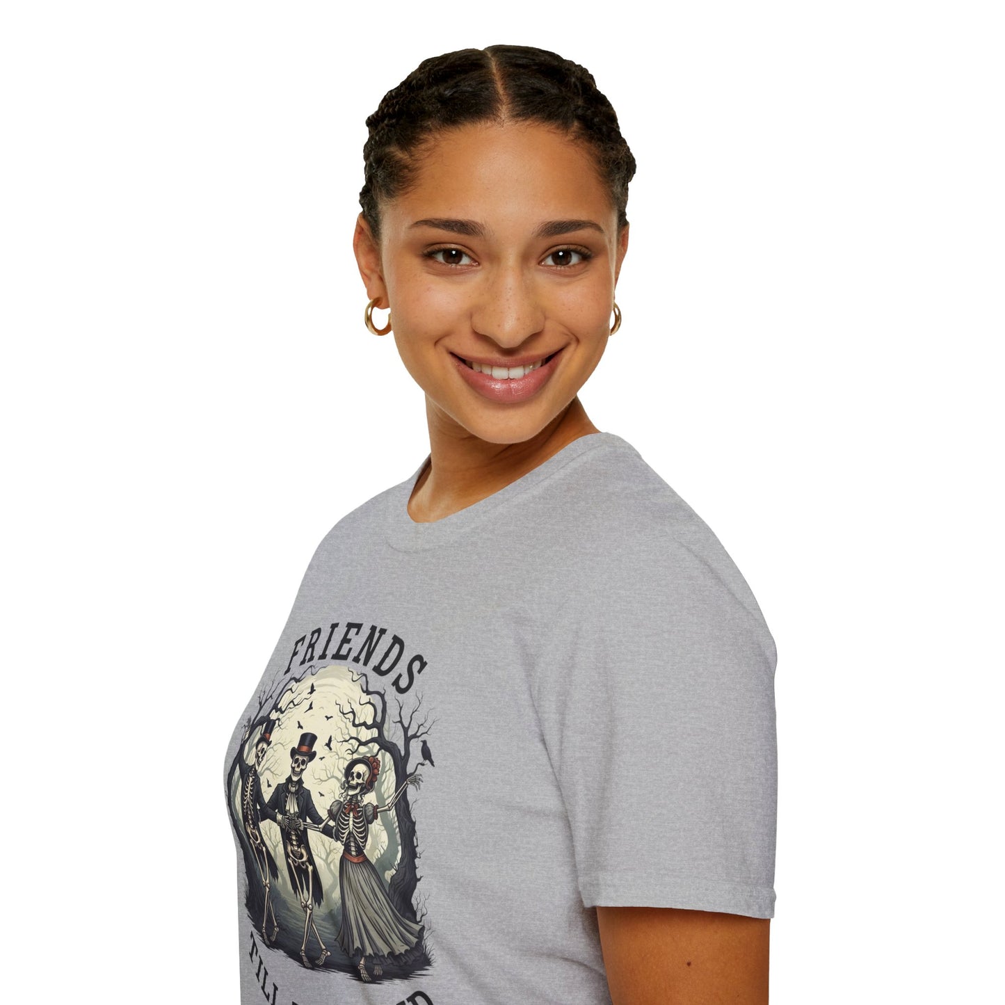 Friends Till The End Skeleton Tee | Dancing Skeleton Friends Shirt | Halloween Gothic BFF Gift | Unisex Heather Grey Graphic T-Shirt