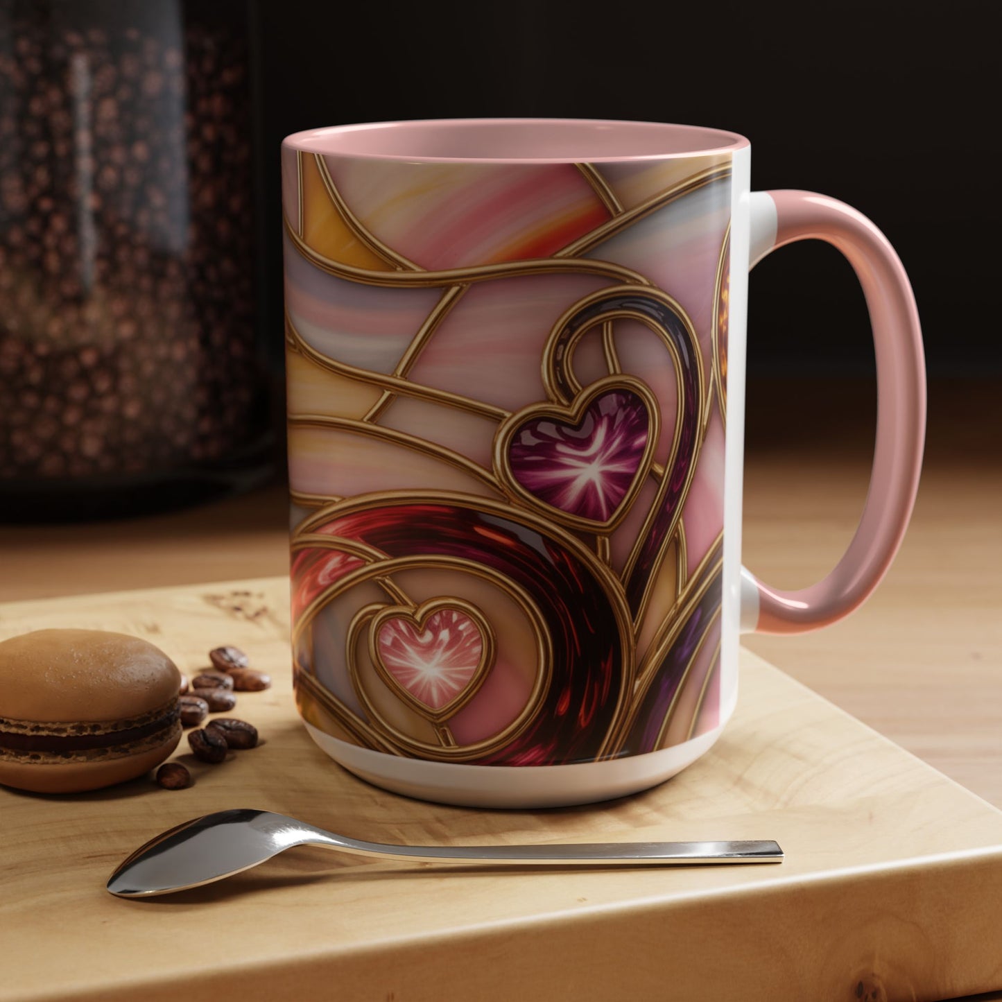 Stained Glass Heart Mug, Romantic Love Coffee Cup, Pink Red Gold Glass Style Mug, Valentine Gift For Her, Anniversary Wedding Decor