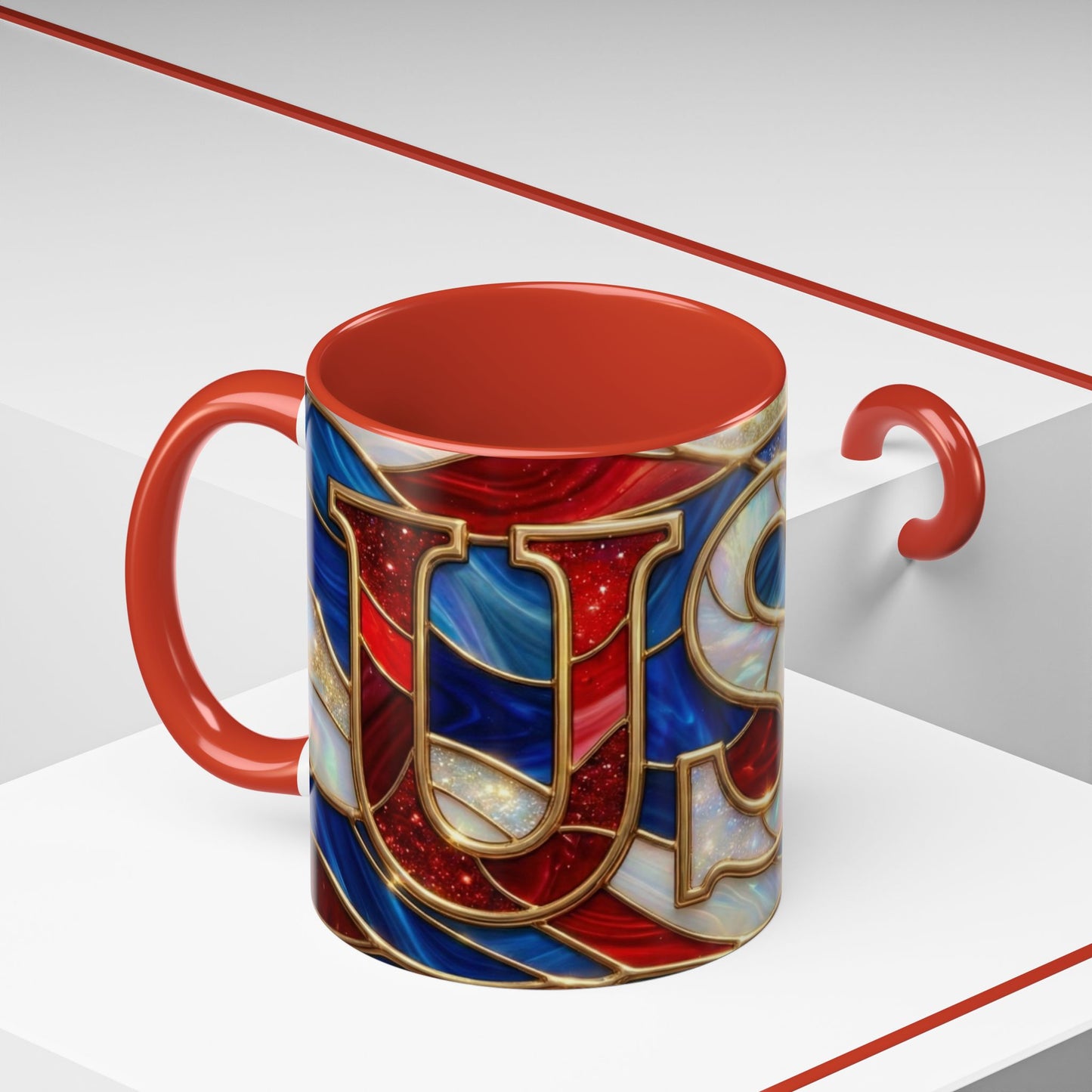 USA Patriotic Coffee Mug, Stained Glass USA Mug, Red White Blue Ceramic Mug, American Flag Style Mug, 11oz 15oz Mug
