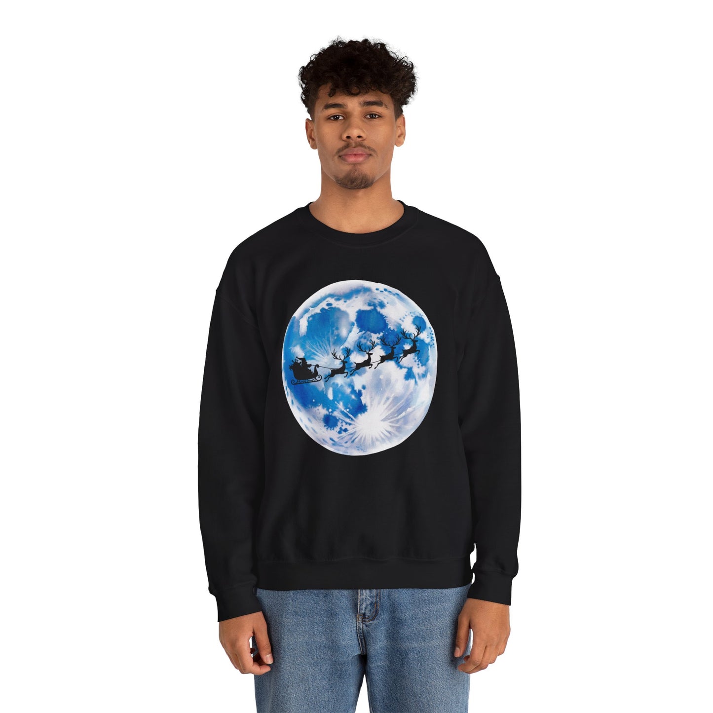 Santa And Reindeer Full Moon Christmas Sweatshirt, Holiday Night Sky Sweater, Cozy Unisex Crewneck, Festive Gift For Christmas Lovers