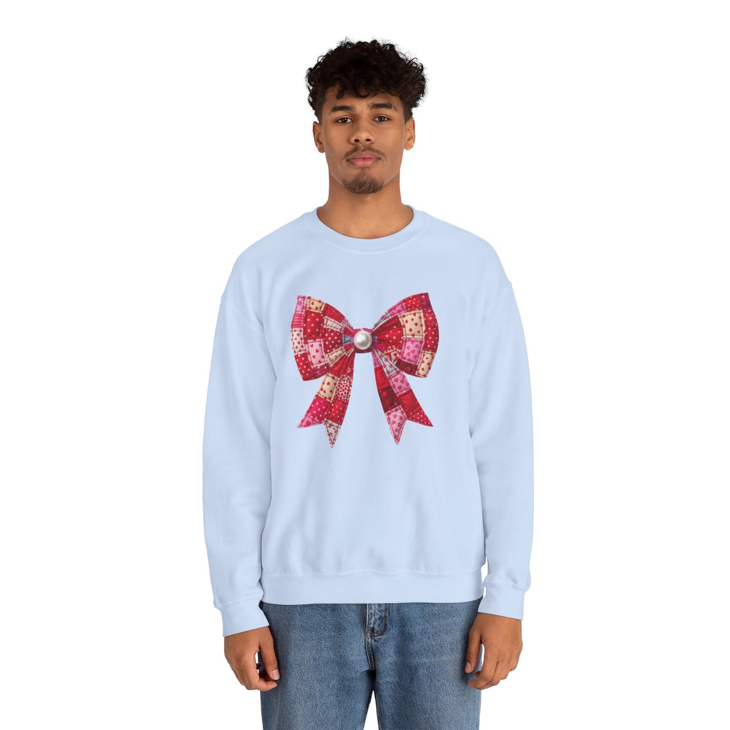Faux Patchwork Bow Sweatshirt, Quilted Look Bow Crewneck, Pearl Bow Pullover, Cozy Coquette Sweatshirt, Girly Valentine Gift