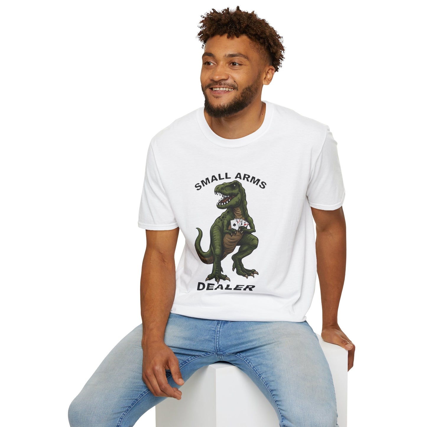 Funny Small Arms Dealer T-Rex Shirt, Dinosaur Pun Tee, Hilarious Graphic T-Shirt for Men & Women, Great Gift for Dad, Friend, or Coworker