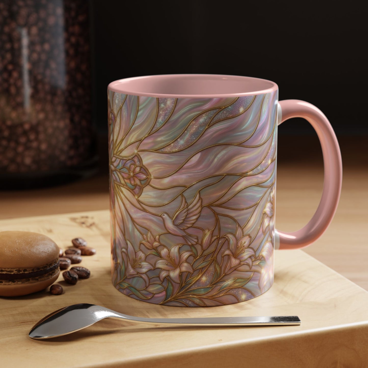 Stained Glass Cross Mug, Easter Lily Coffee Cup, Christian Gift for Women, Pastel Religious Drinkware, Dove and Faith Cup, Spiritual