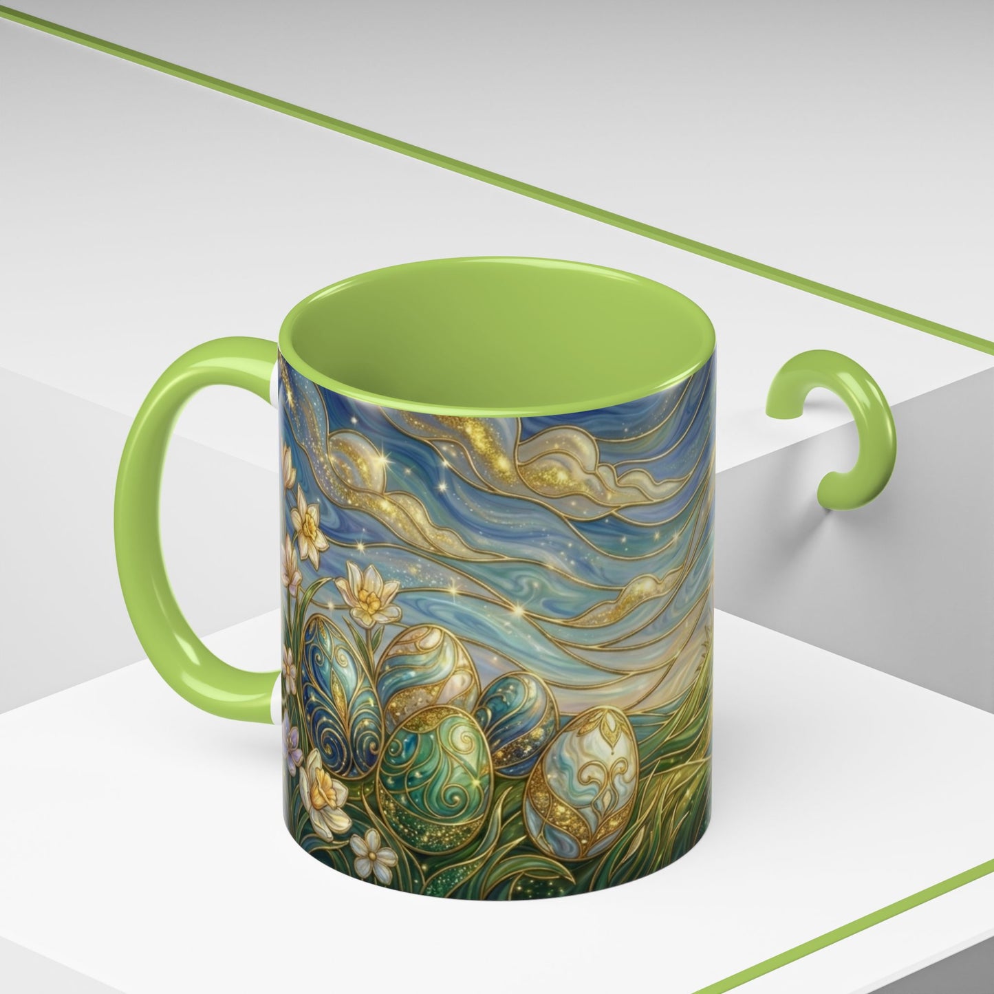Stained Glass Easter Egg Mug, Magical Spring Floral Coffee Cup, Art Nouveau Fantasy Teacup, Elegant Celestial Starry Sky Mug Gift Idea