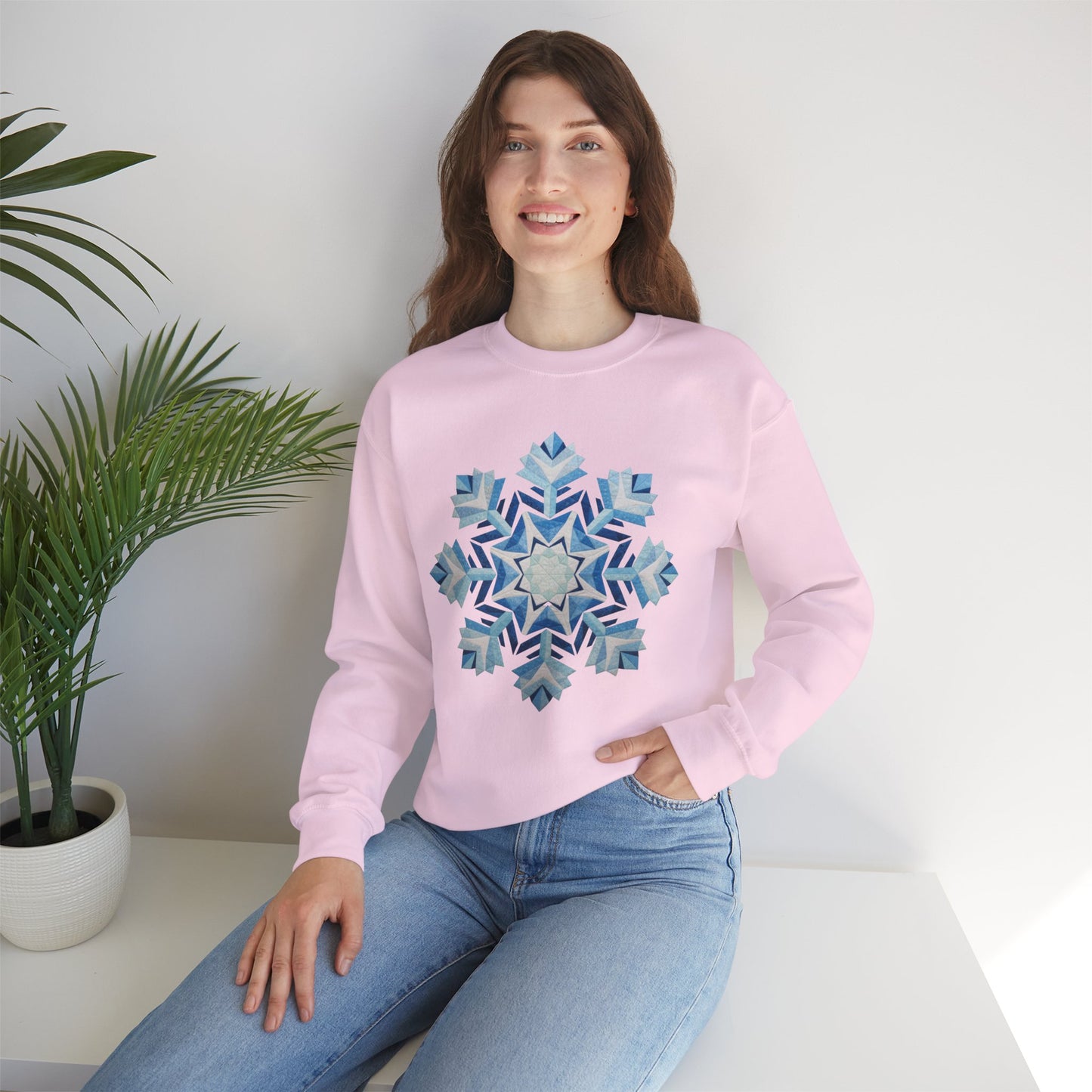 Faux Patchwork Snowflake Sweatshirt, Winter Snowflake Crewneck Unisex, Cozy Holiday Patchwork Sweatshirt, Nordic Snowflake Winter Pullover