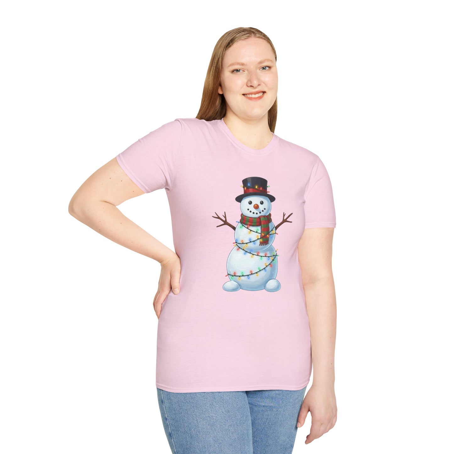 Cute Snowman Christmas Shirt, Snowman Wrapped in Christmas Lights Tee, Holiday Winter Snowman Top Hat Shirt, Funny Cozy Christmas T Shirt