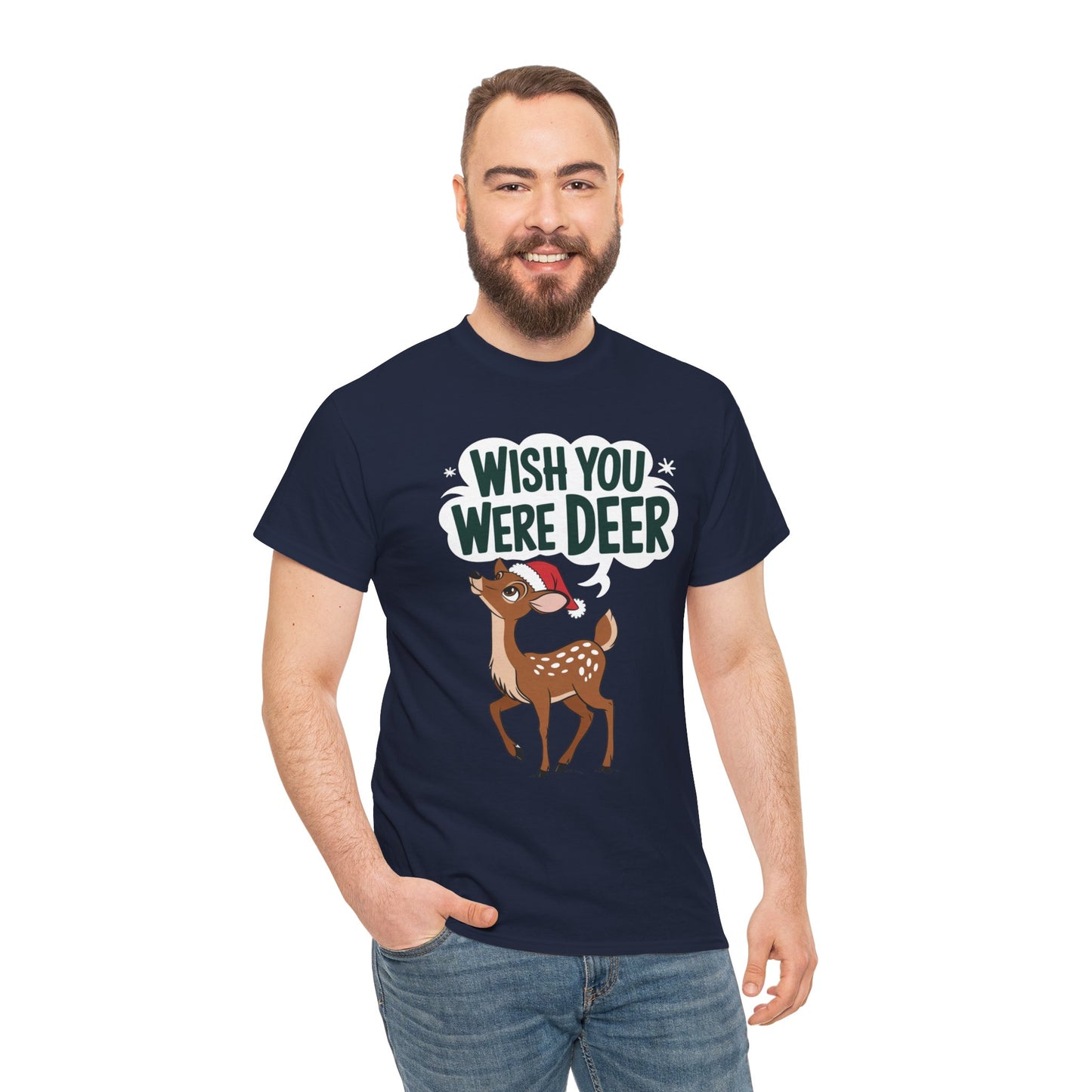 Wish You Were Deer Funny Christmas T-Shirt, Cute Reindeer Holiday Tee, Pun Christmas Shirt, Festive Santa Hat Deer Graphic Tee Gift