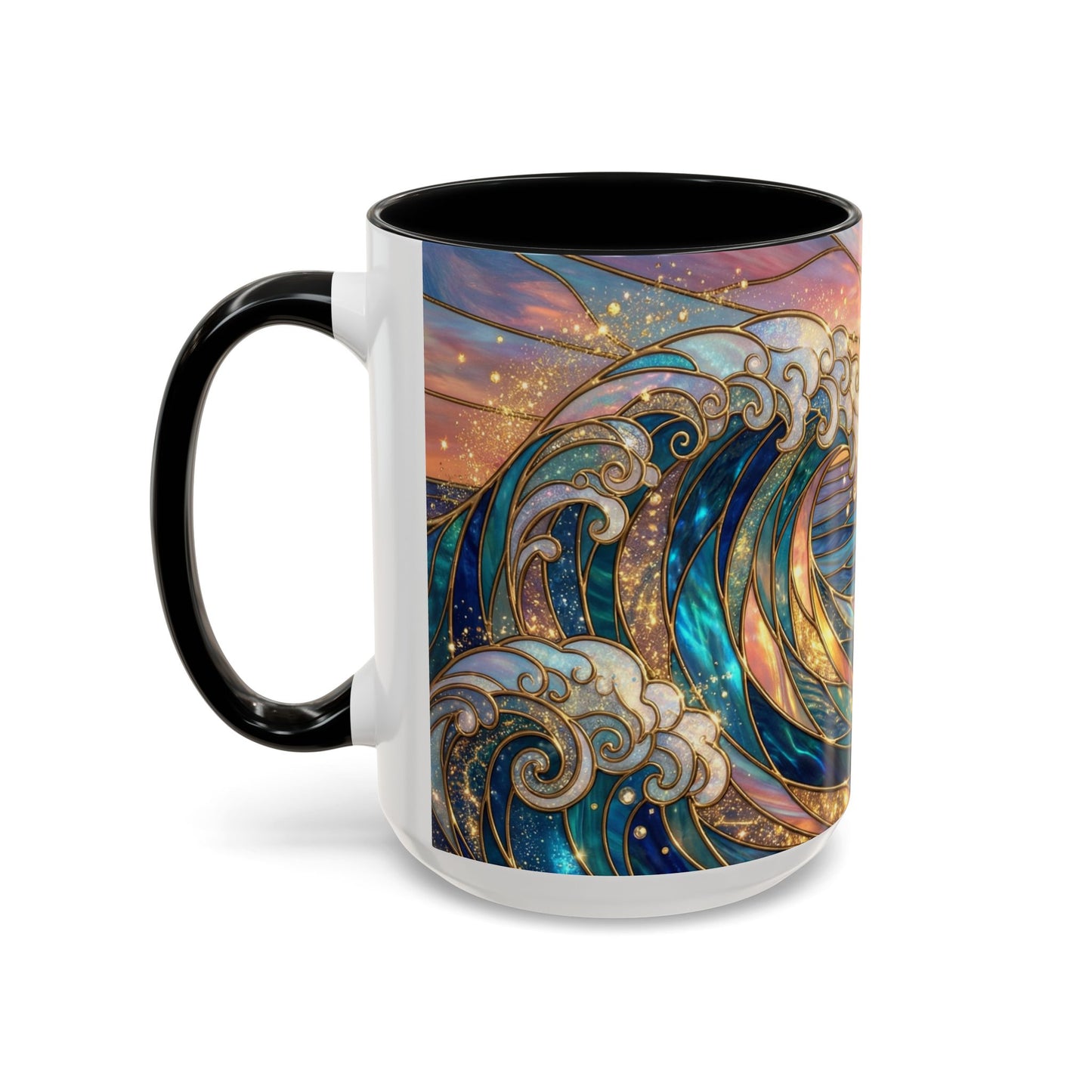Stained Glass Ocean Wave Mug, Sunrise Beach Coffee Cup, Japanese Art Gift, Coastal Decor Kitchen, Mosaic Sea Tea Cup, Blue Gold Nature Lover